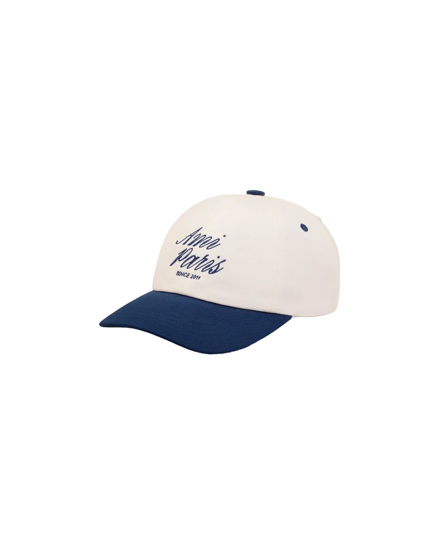 Casquette Ami Paris bicolore blanc crème et bleu broderie profil gauche