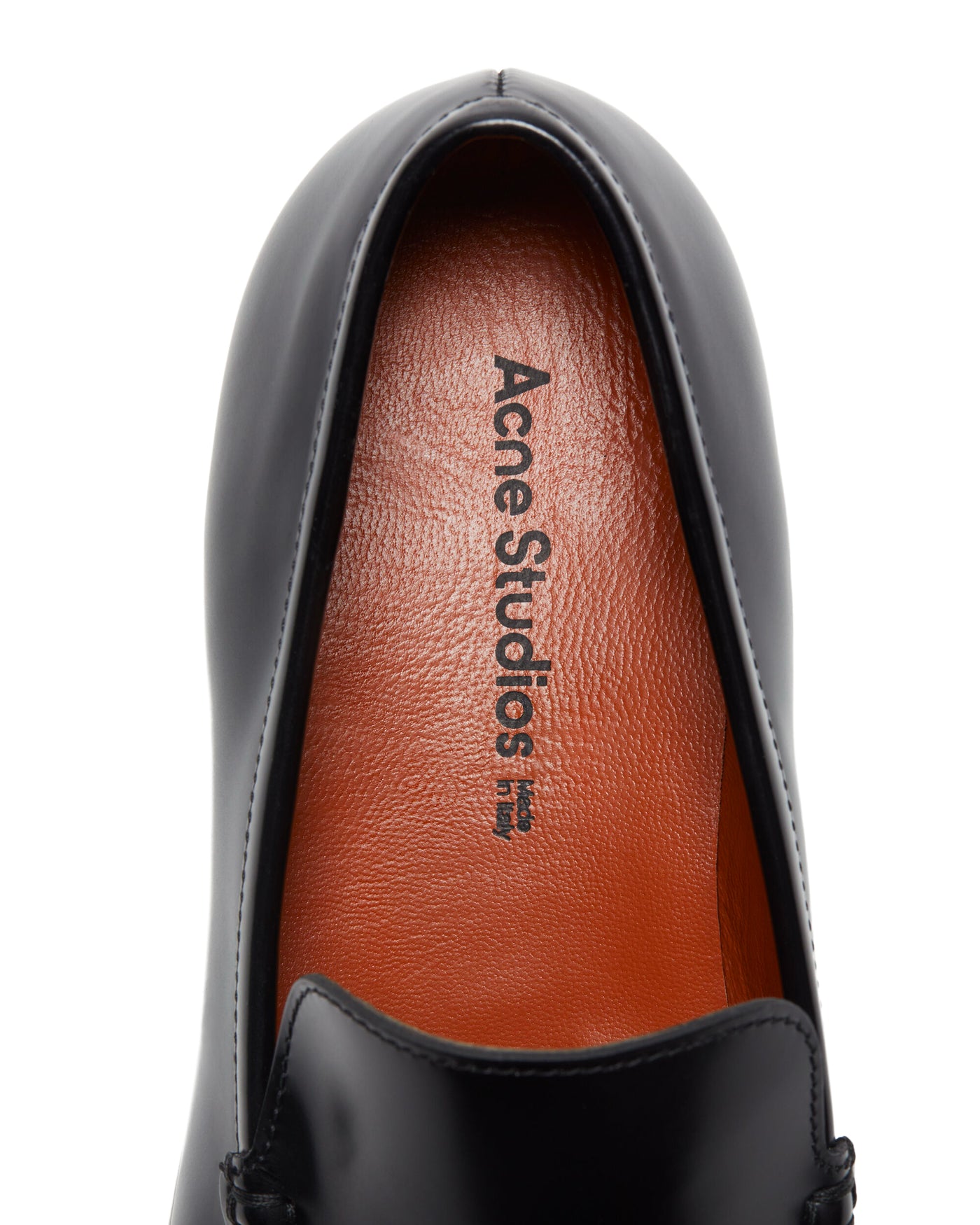 Loafer Acne Studios noir détail semelle intérieure cuir caramel