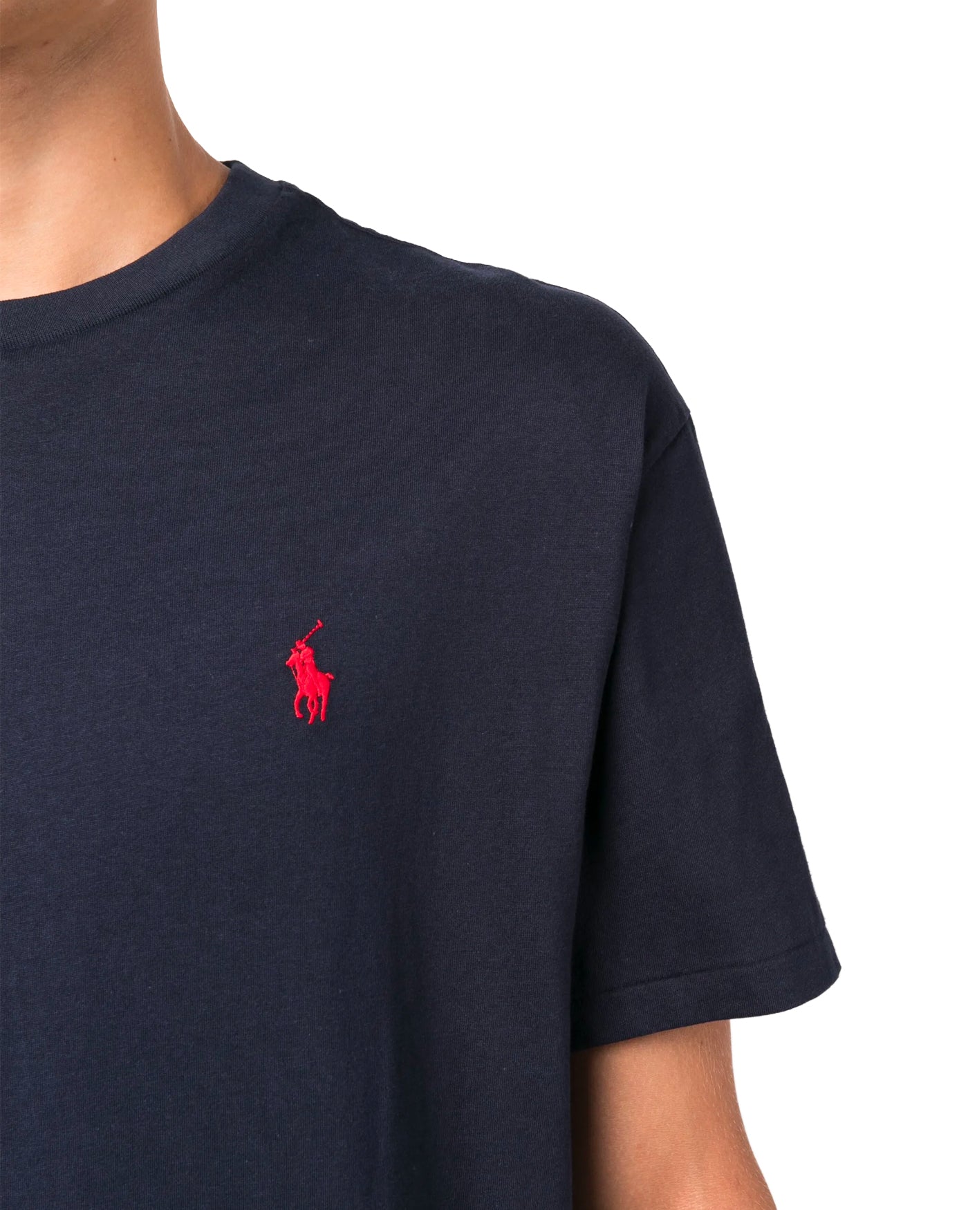 T-shirt Ralph Lauren jersey bleu marine zoom logo poney brodé rouge face