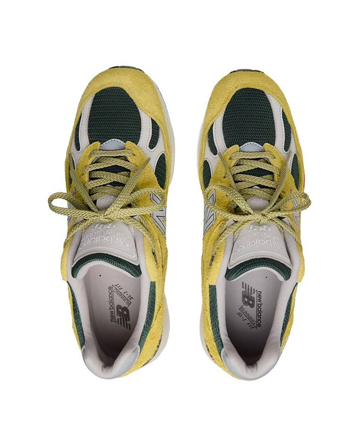 Sneakers New Balance 991 jaune vert foncé accents orange vue du dessus