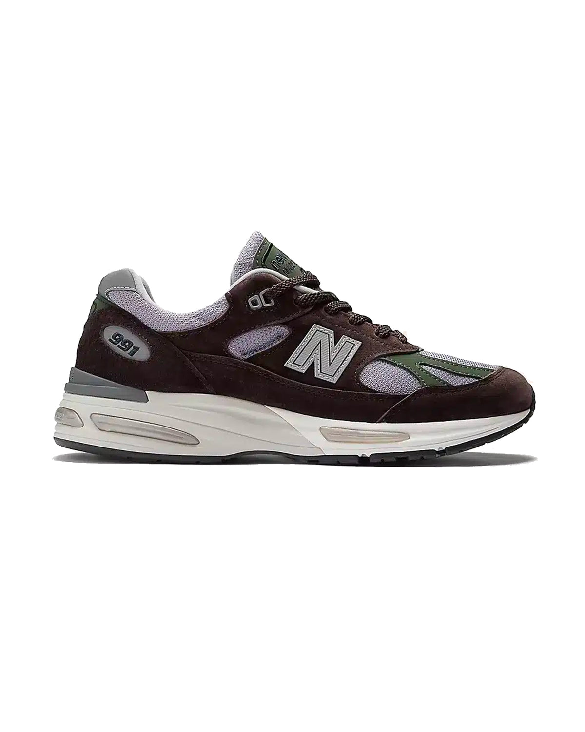 Sneakers New Balance 991 marron foncé vert mauve profil gauche