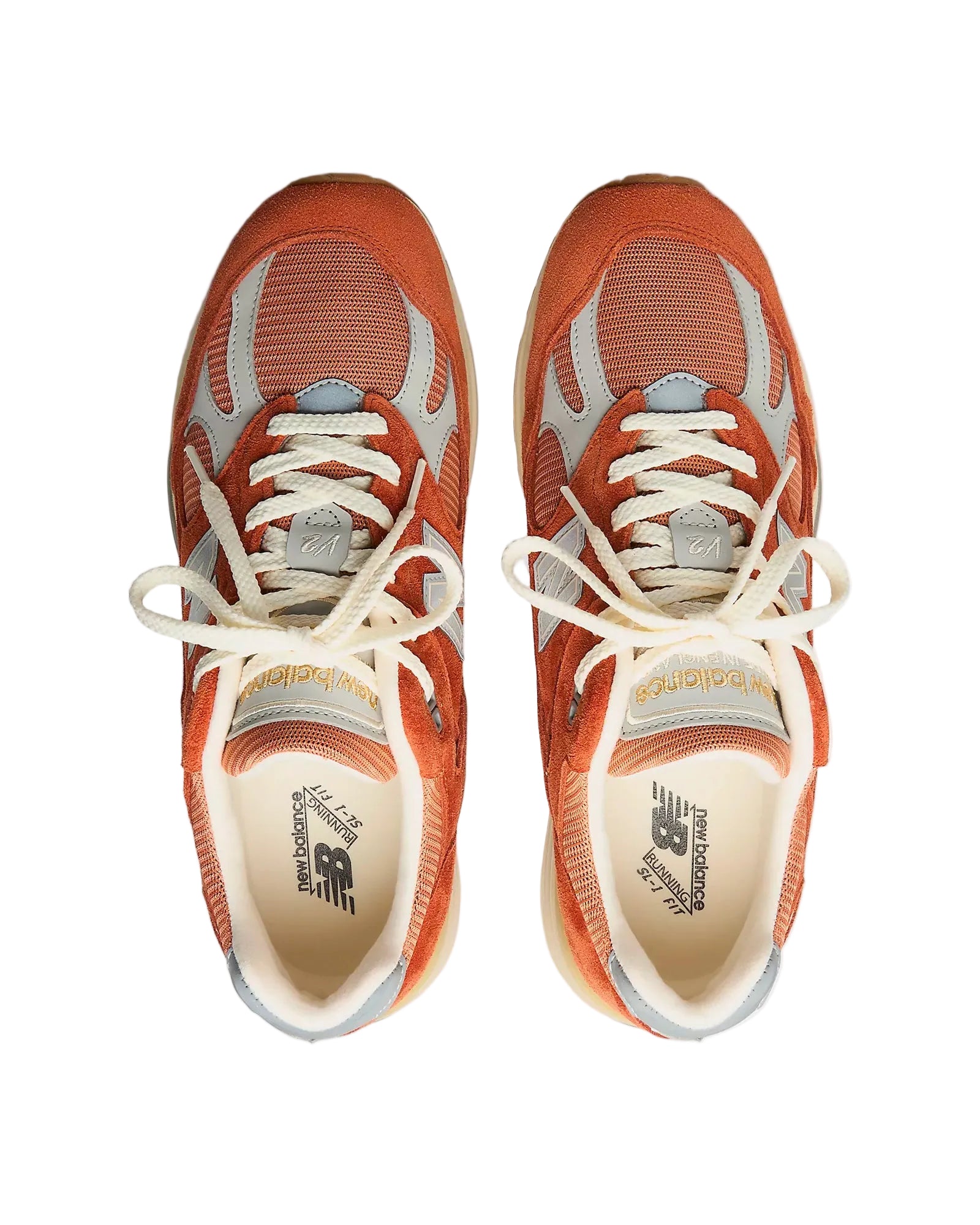 Sneakers New Balance 991 orange et gris vue dessus paire Made in UK