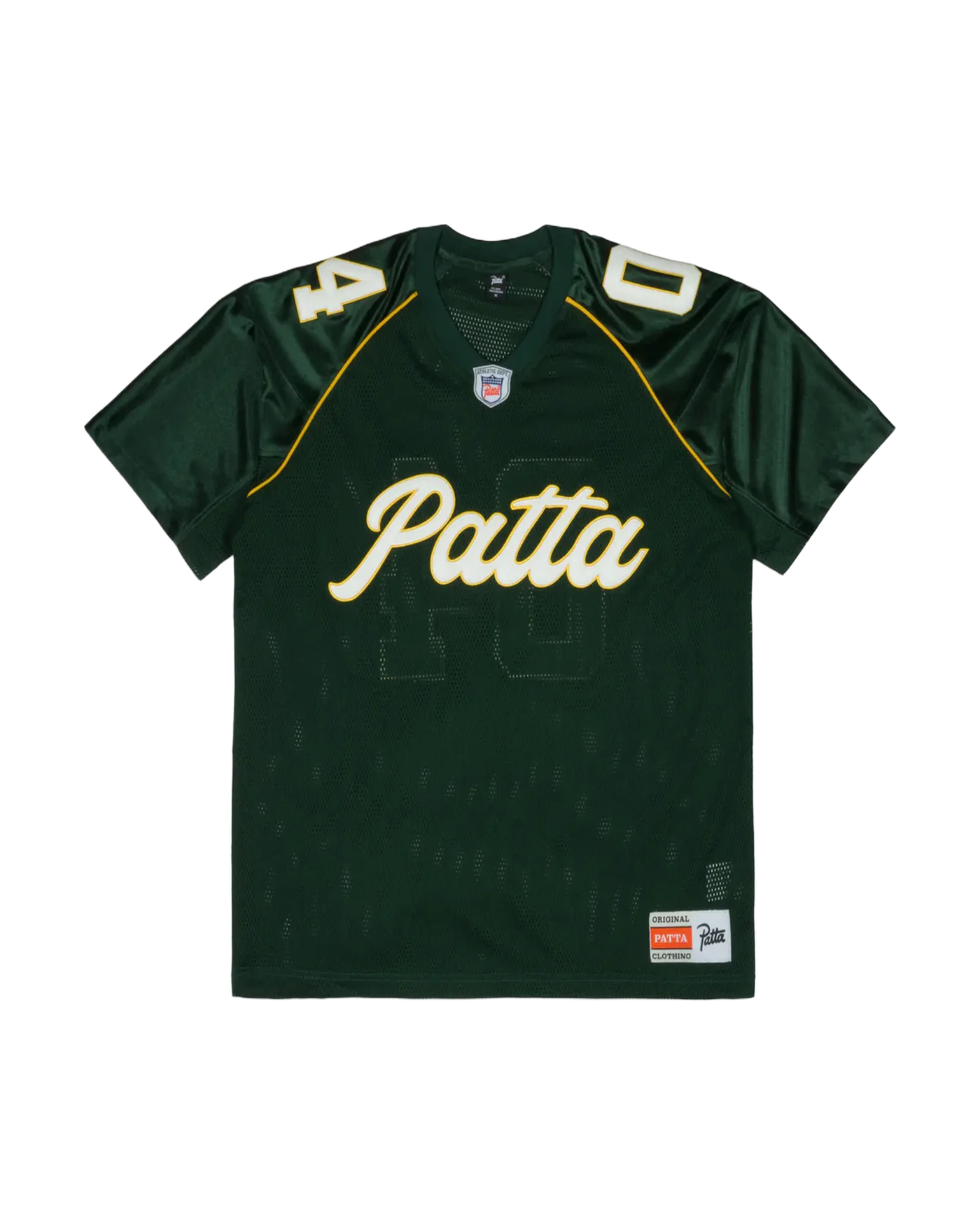 Jersey American Football Patta vert face avec logo brodé blanc et jaune
