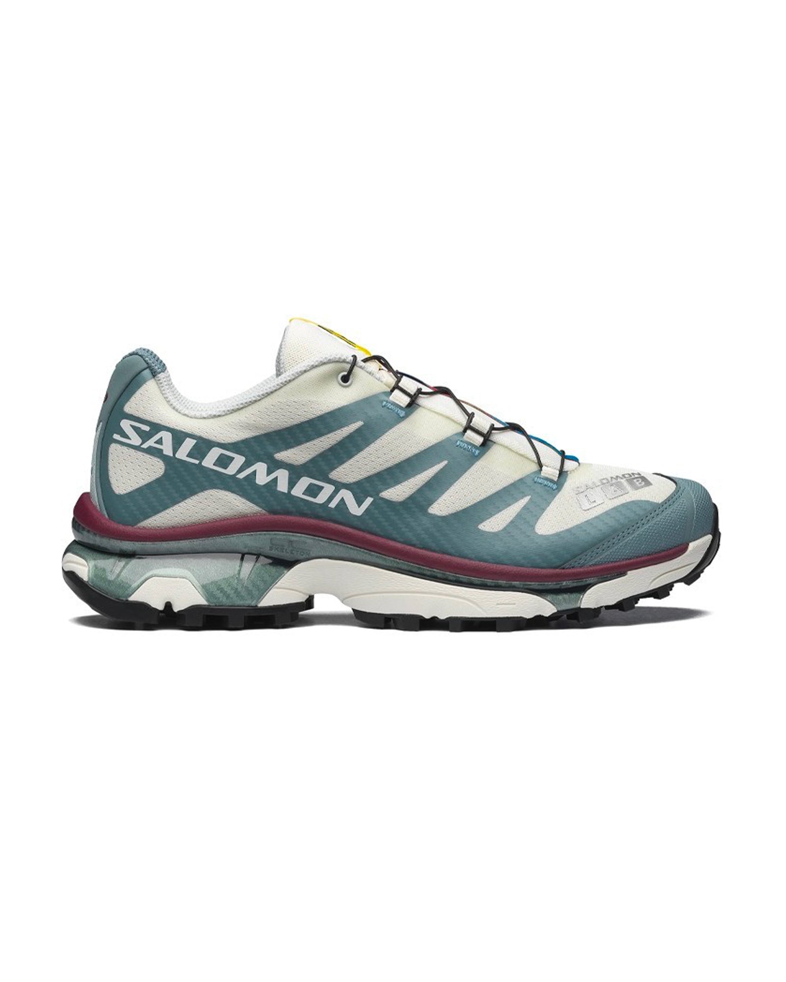 Sneakers Salomon XT-4 OG blanc cassé et bleu sarcelle profil gauche