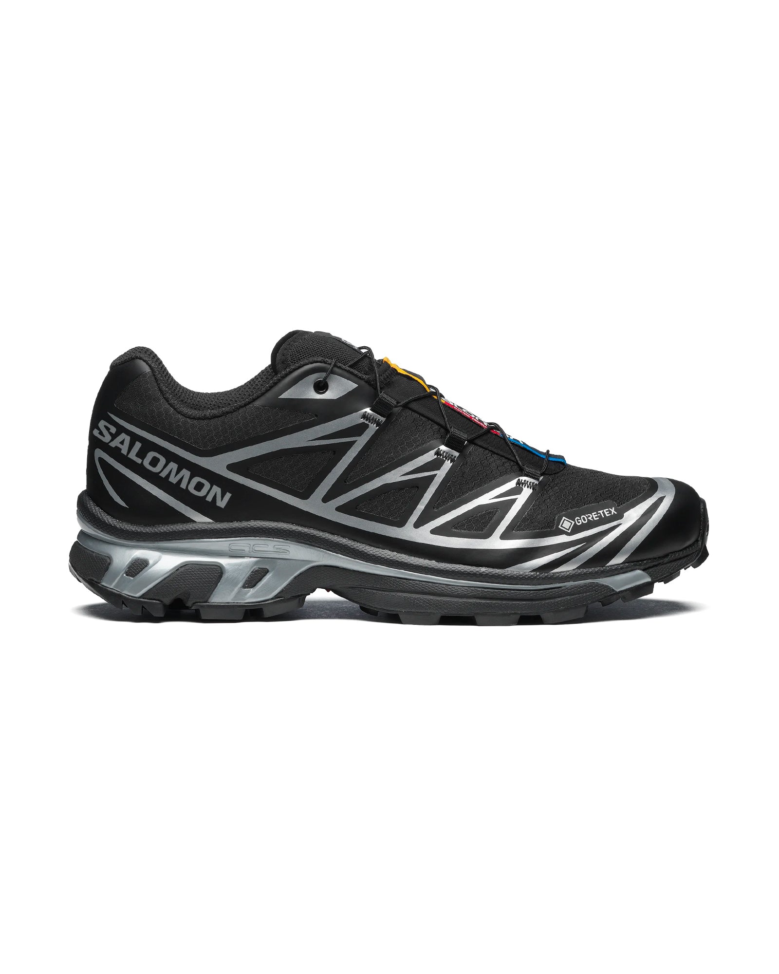 Sneakers Salomon XT6 GTX Gore-Tex noir et argenté profil gauche