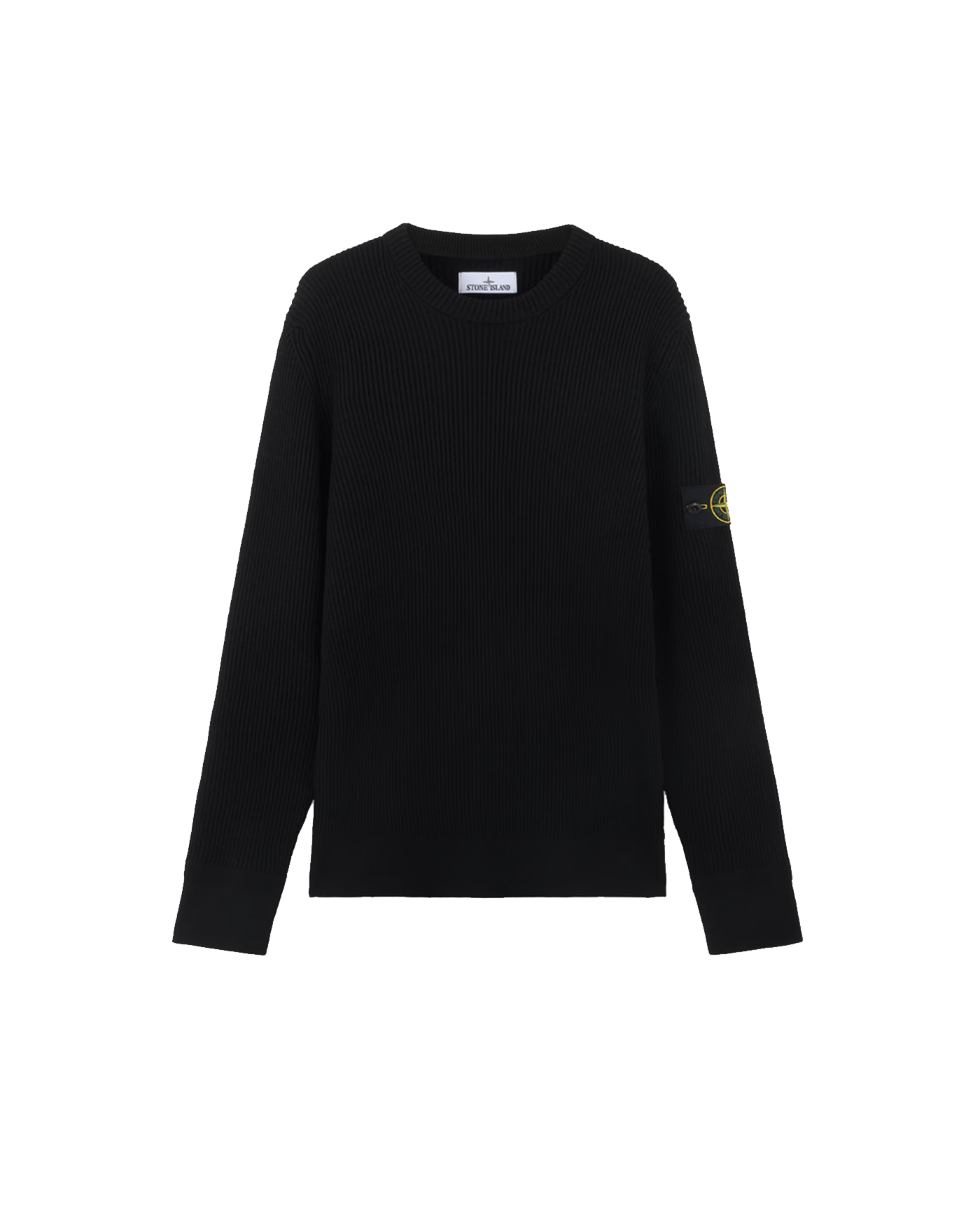 Pull col rond maille côtelée Stone Island noir badge boussole face