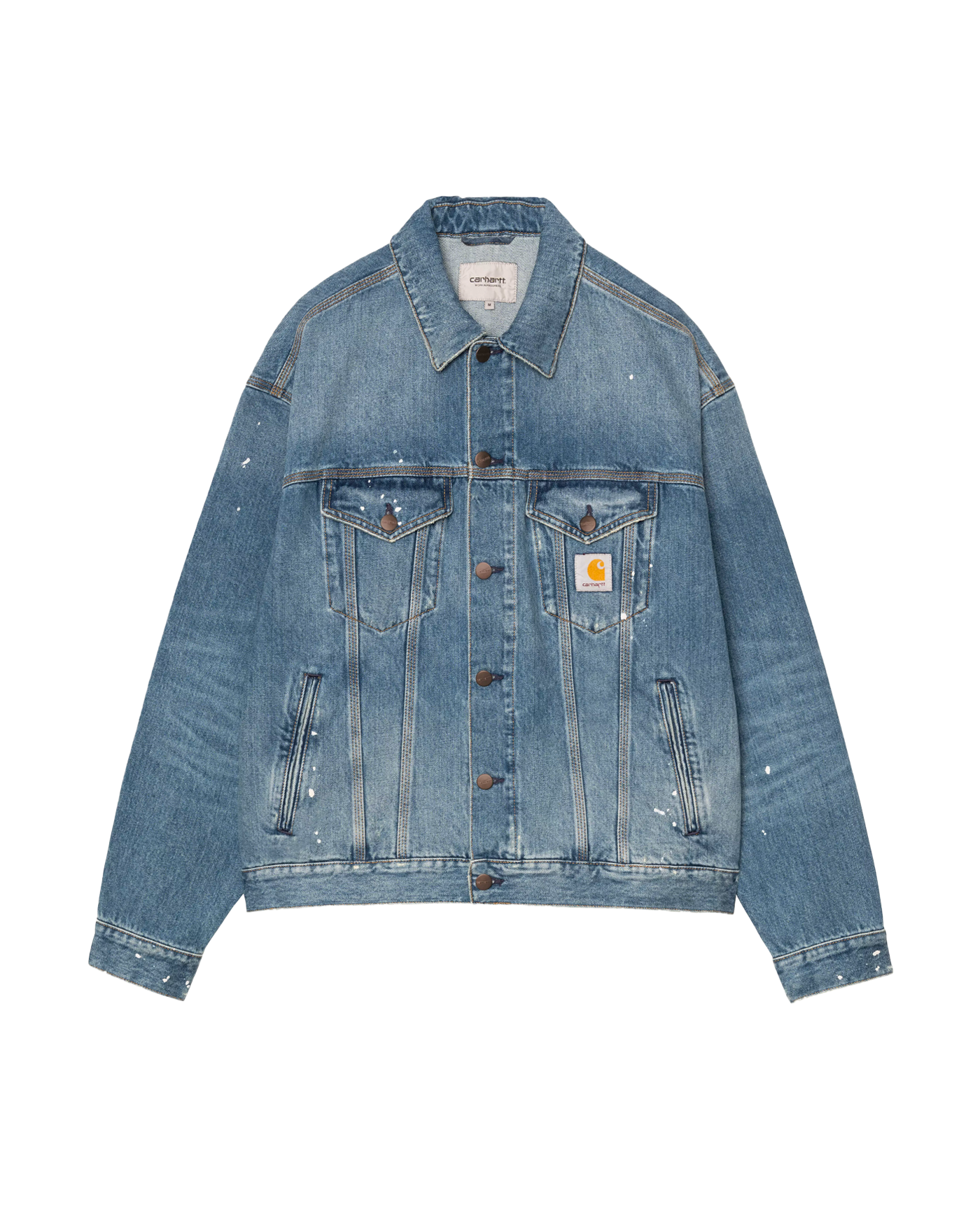 Veste denim Carhartt WIP Helston bleue destroy wash taches face