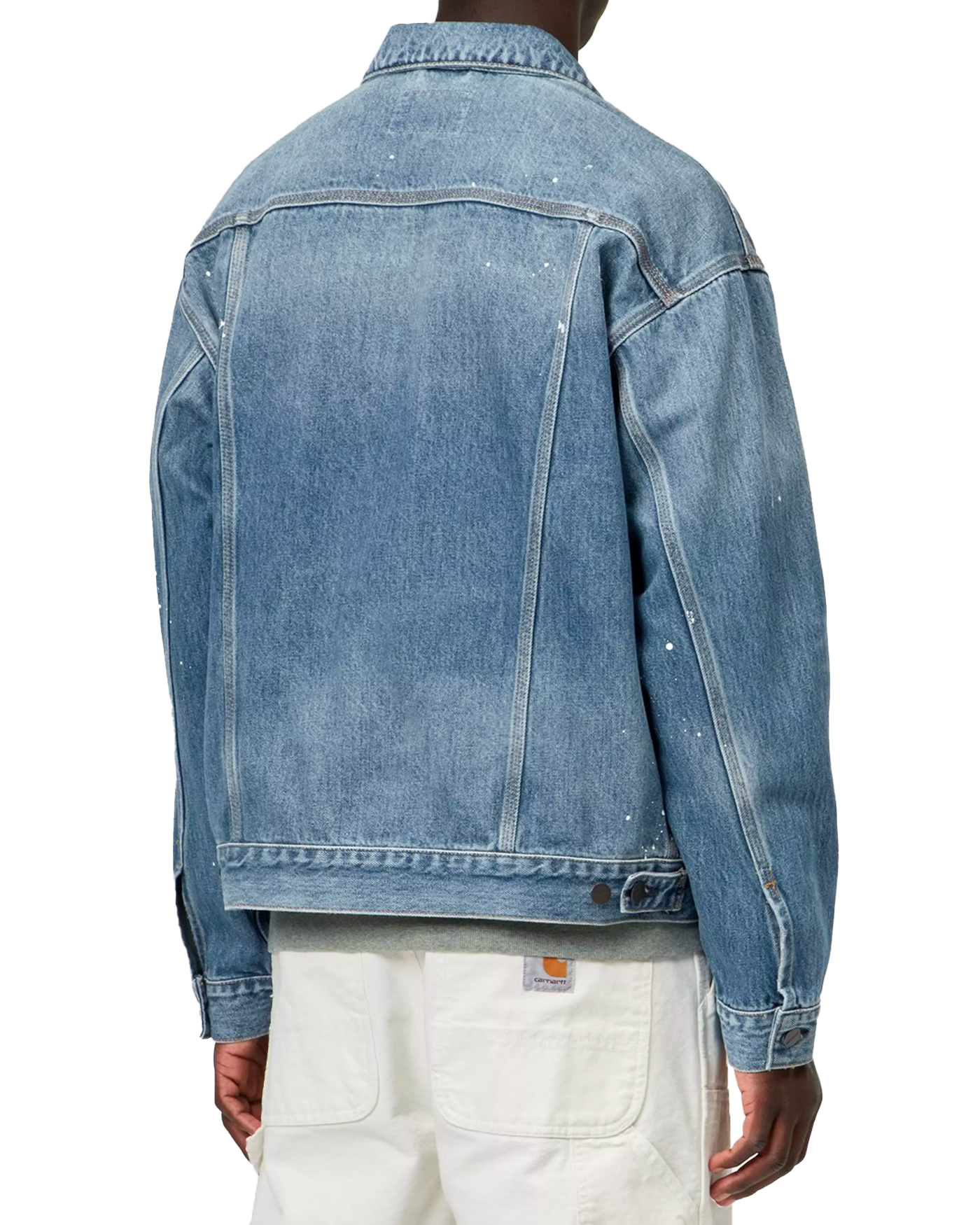 Veste denim Carhartt WIP Helston bleue destroy wash portée dos