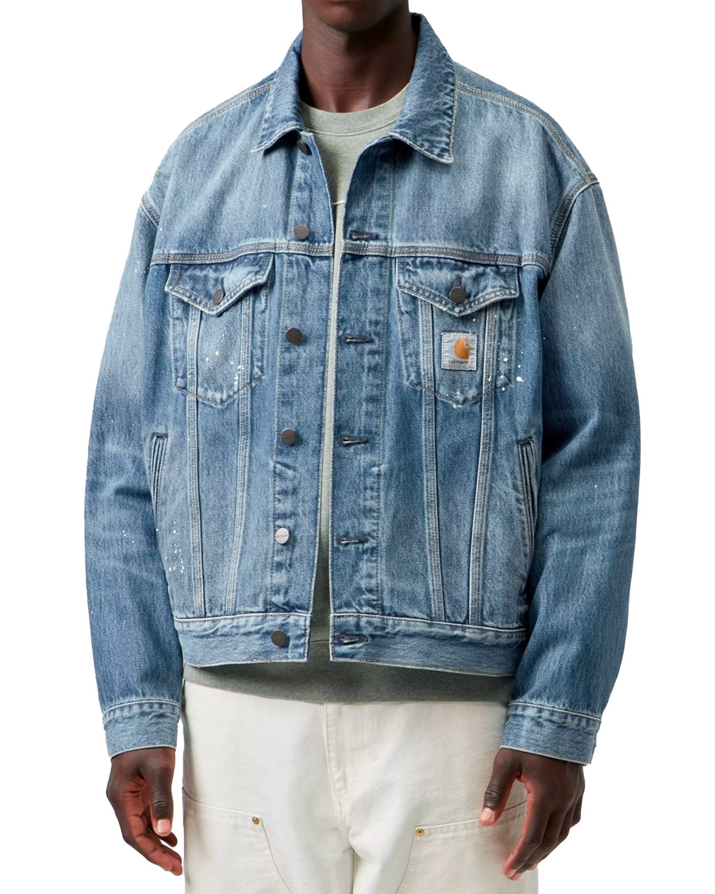 Veste denim Carhartt WIP Helston bleue destroy wash portée face