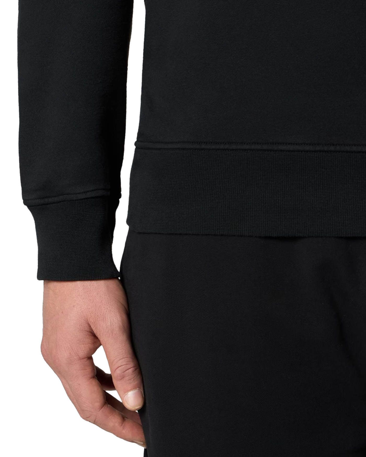 Sweat Stone Island noir détail bas du vêtement et manchette côtes