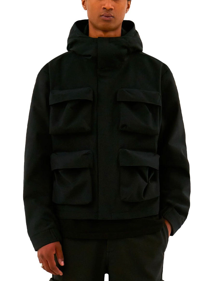 3D POCKETS HOODED PES JACKET BLACK