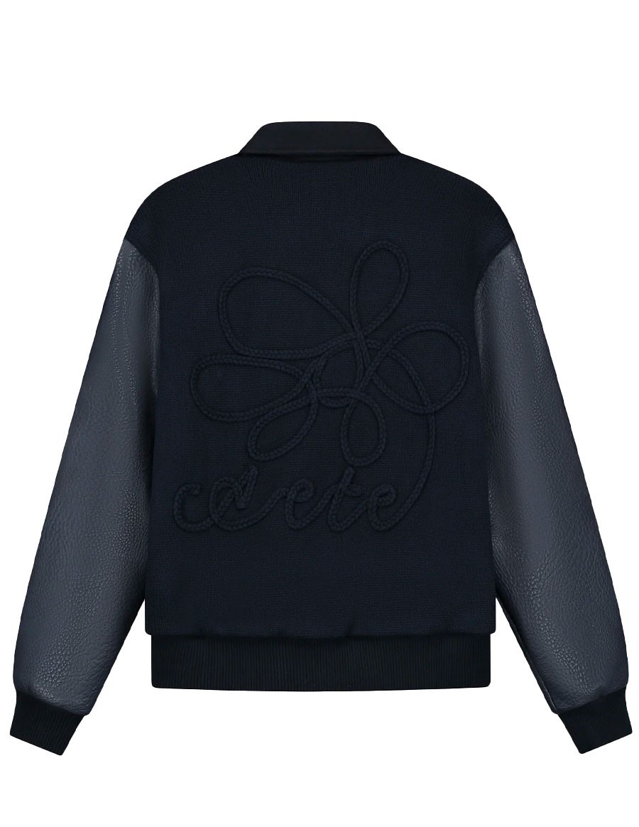 EMBROIDERED FLOWER VARSITY JACKET NAVY