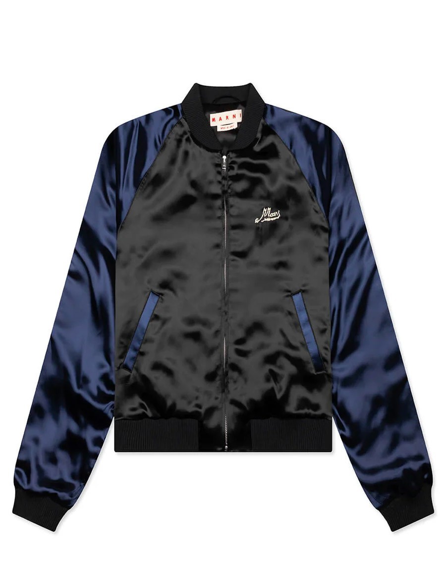 BLACK SATIN BOMBER WITH BEADED LOGOS