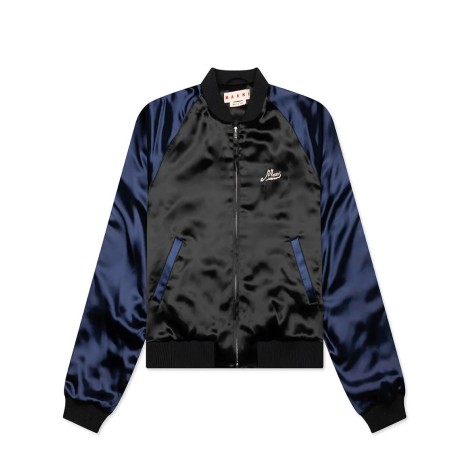 BLACK SATIN BOMBER WITH BEADED LOGOS