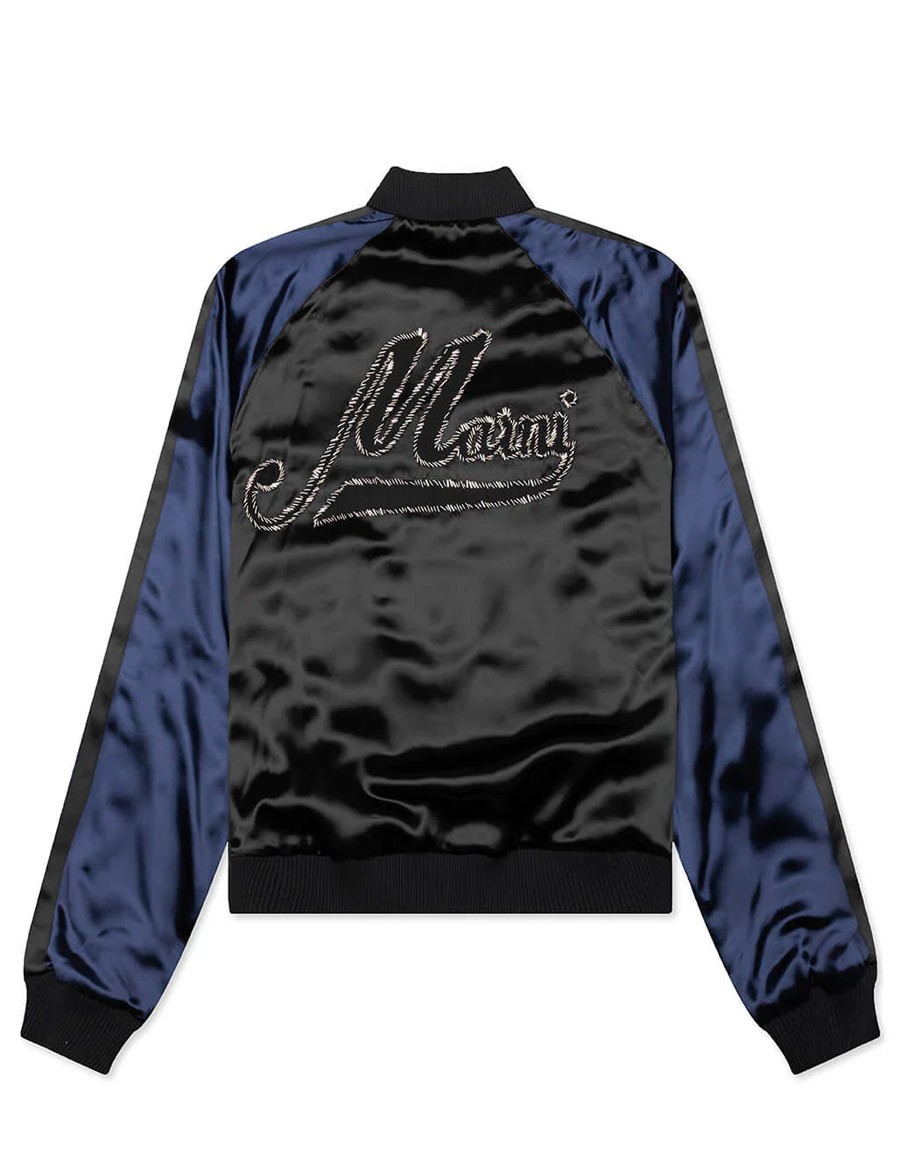 BLACK SATIN BOMBER WITH BEADED LOGOS