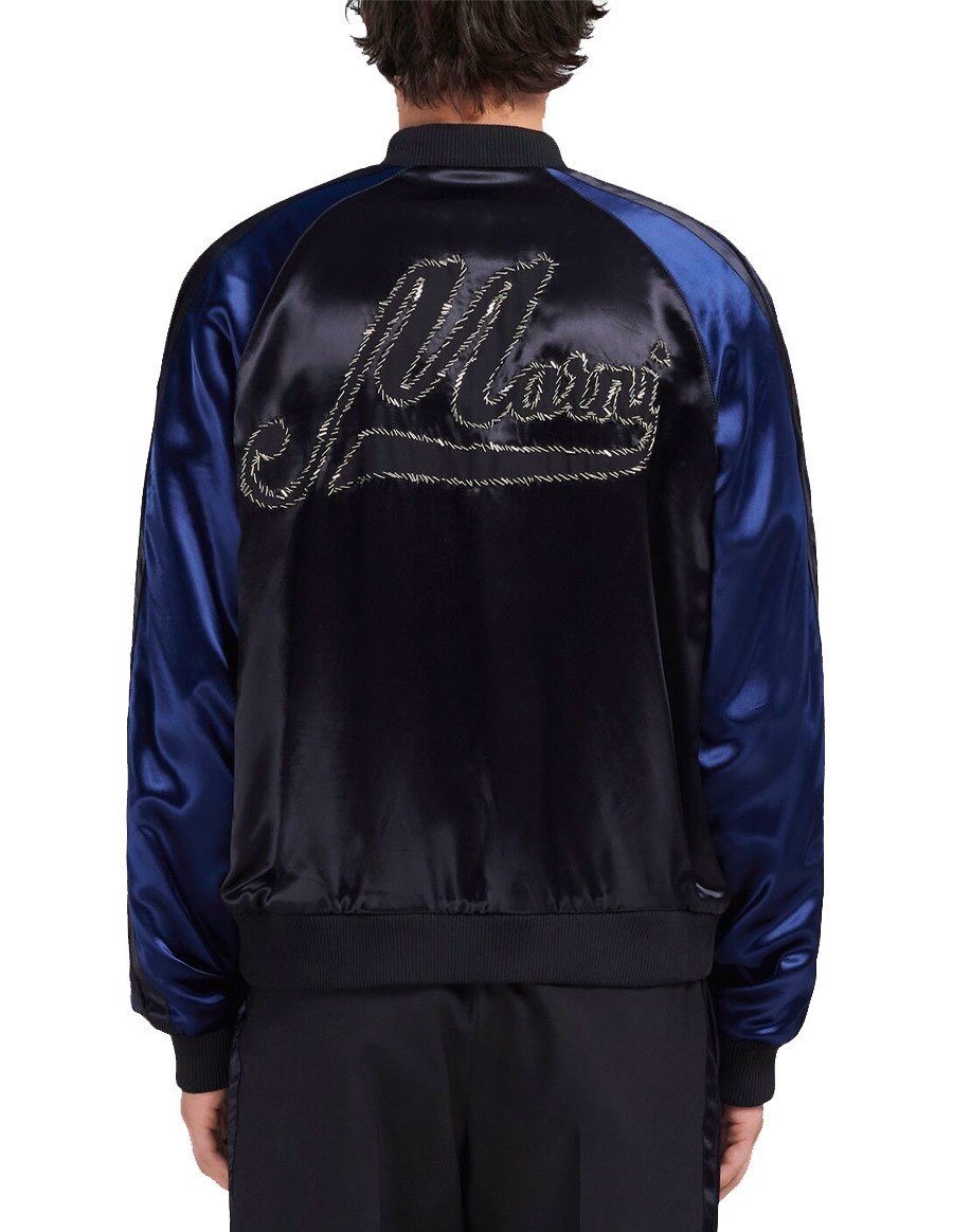 BLACK SATIN BOMBER WITH BEADED LOGOS