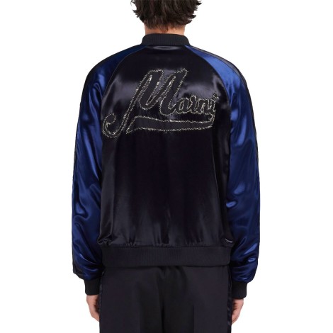 BLACK SATIN BOMBER WITH BEADED LOGOS