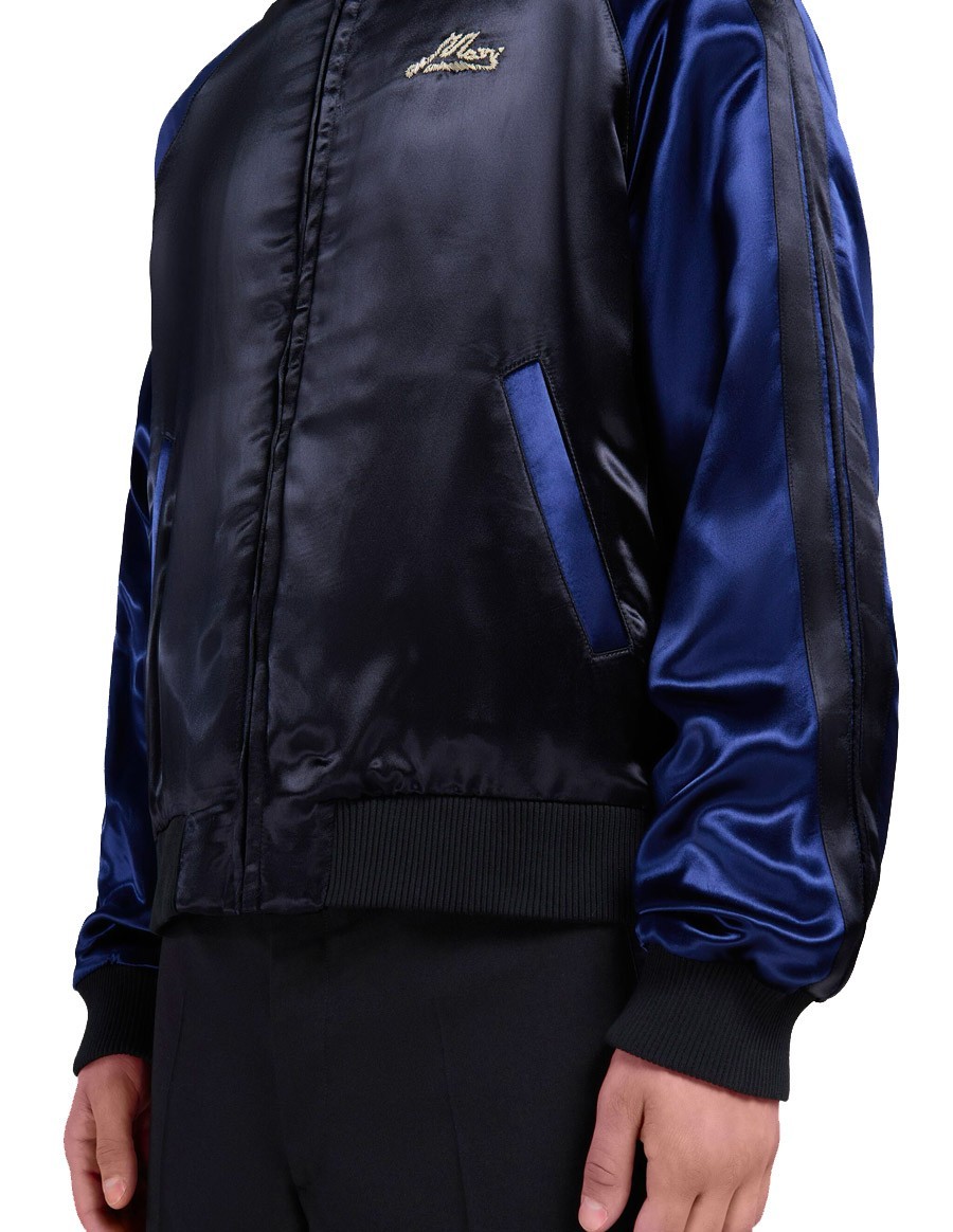 BLACK SATIN BOMBER WITH BEADED LOGOS