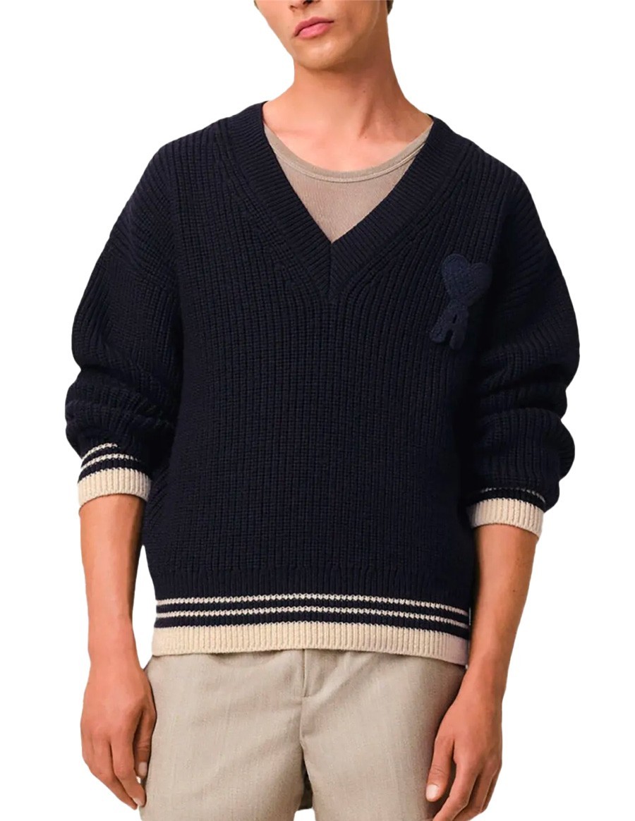 PULL COL V LAINE COTE COLLEGE BLEU MARINE