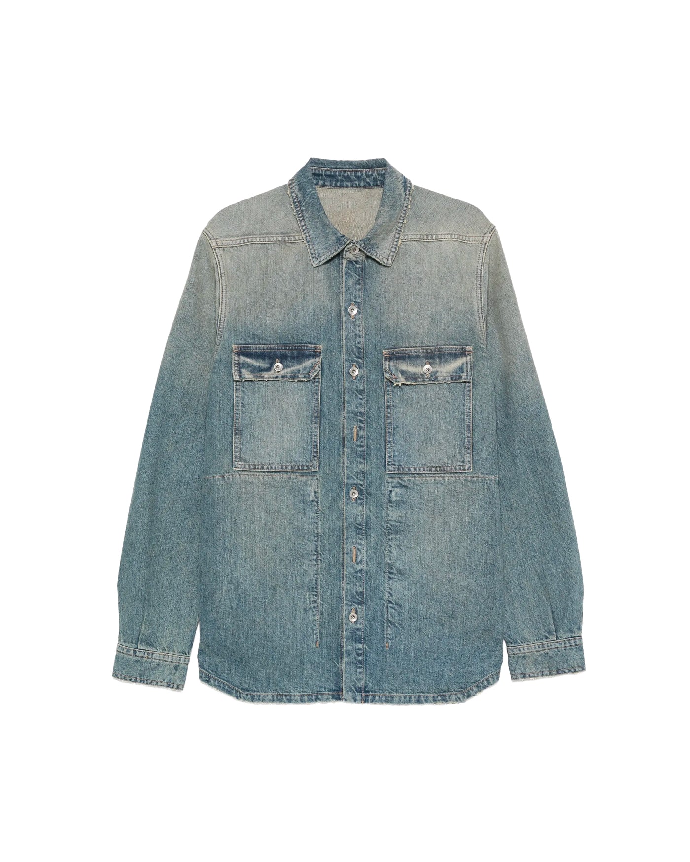 Chemise veste en denim Rick Owens DRKSHDW indigo délavé, deux poches, vue face