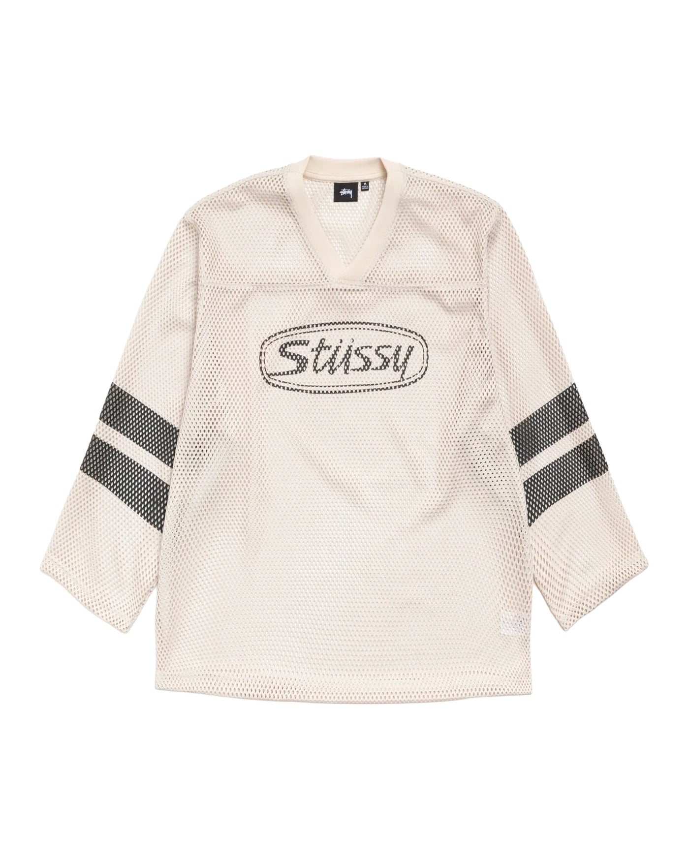 Jersey Stüssy Trucker Team maille mesh beige col V bandes noires face