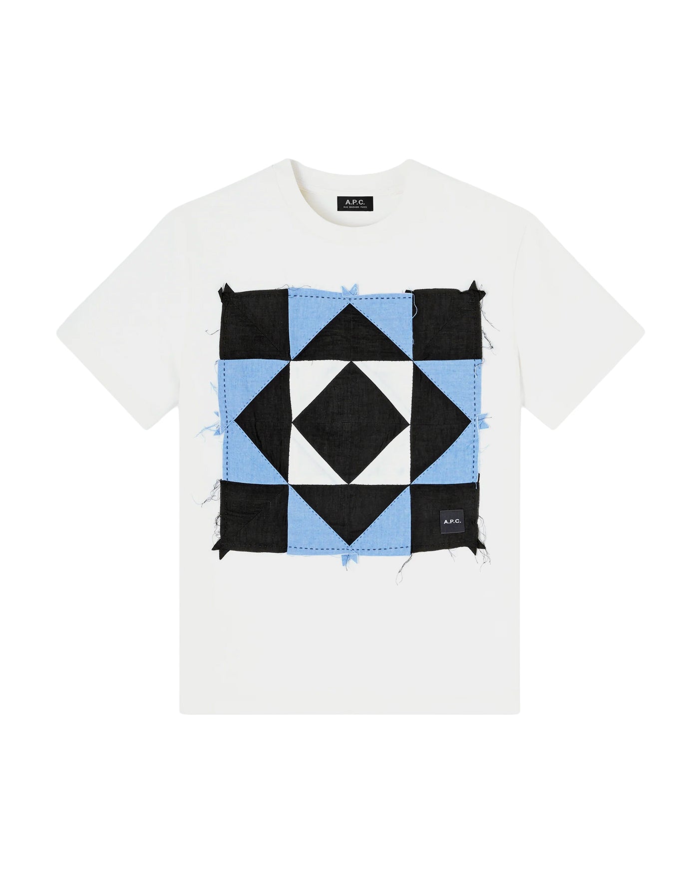 T-shirt A.P.C blanc motif patchwork géométrique noir et bleu, vue face