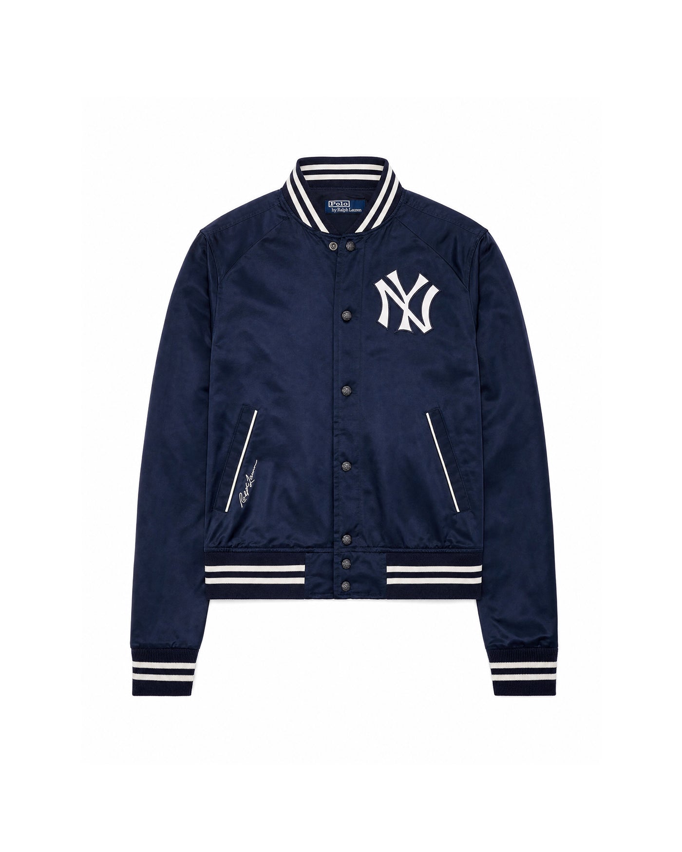 Veste baseball satin Yankees Ralph Lauren bleu marine fond blanc, vue face