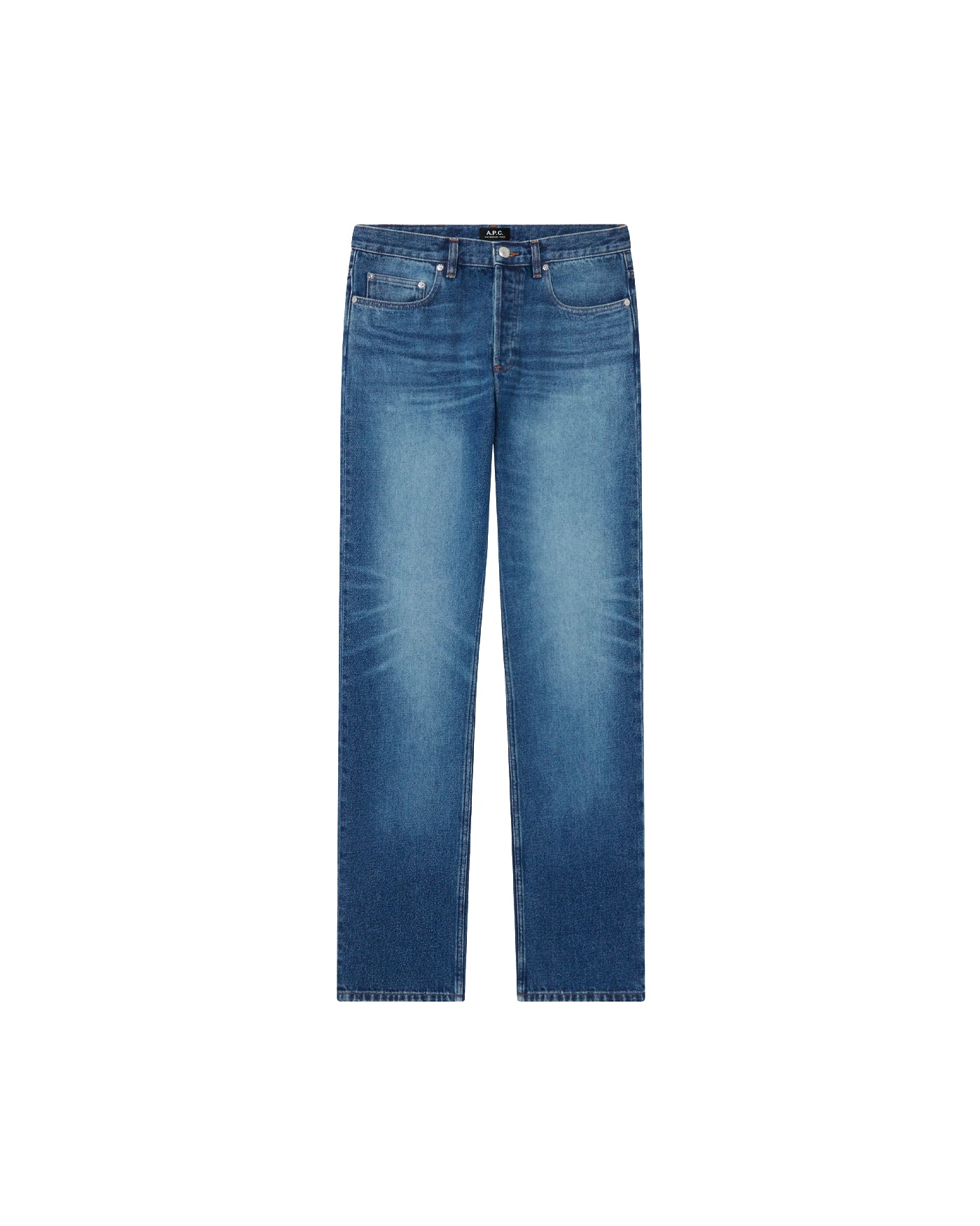 Jeans coupe droite A.P.C Rescue Indigo bleu lavé face sur fond blanc