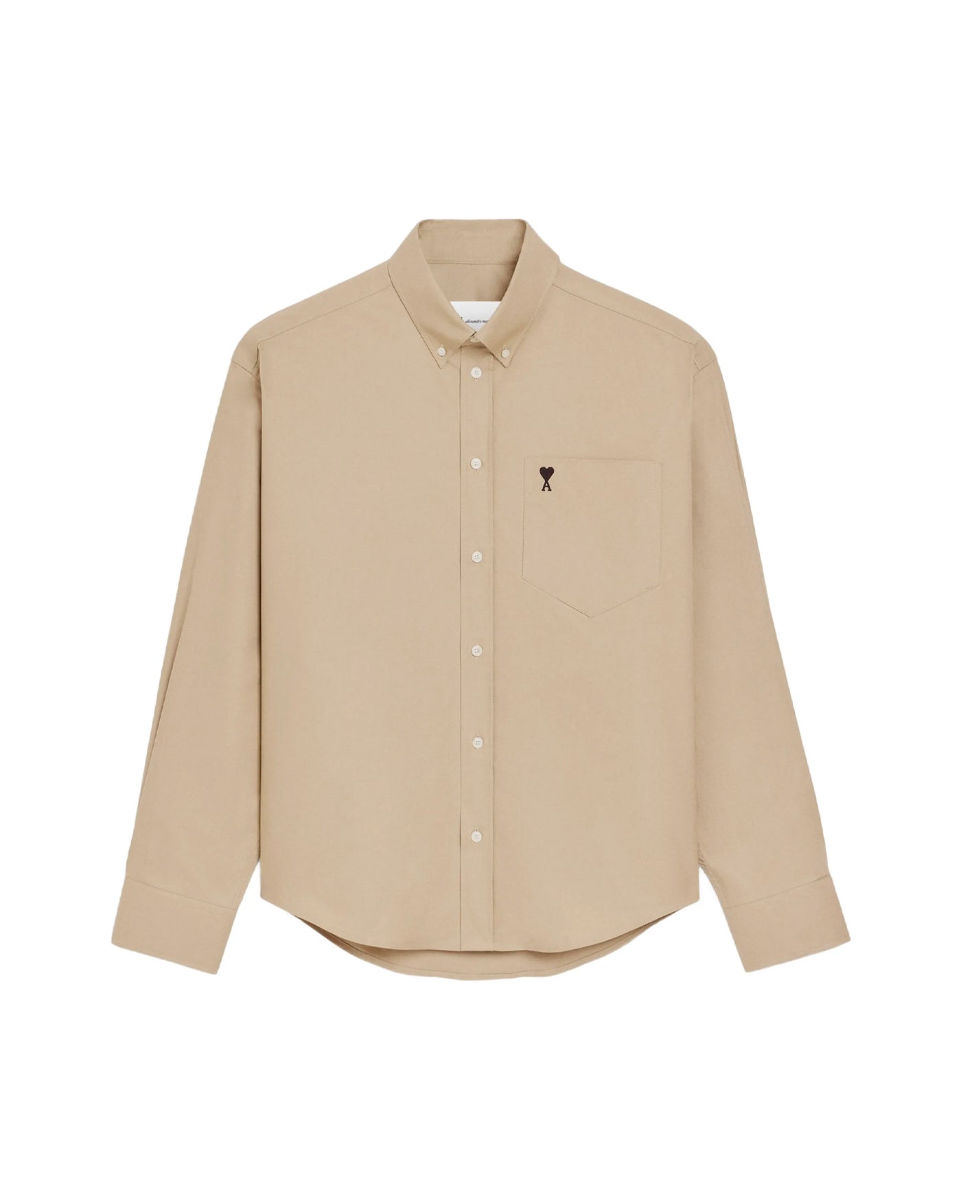 Chemise Ami Paris boxy beige taupe logo cœur noir poche poitrine face