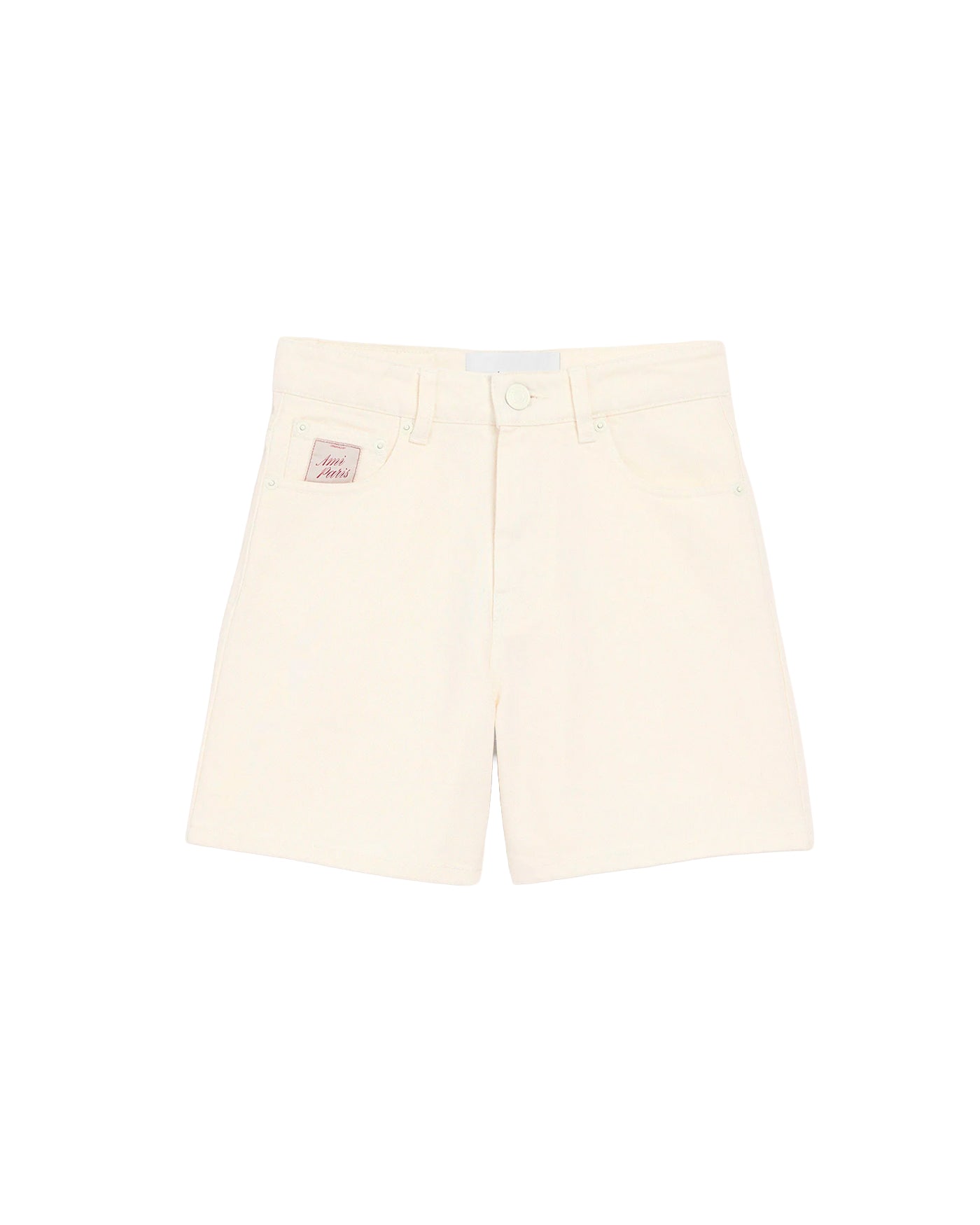 Short twill AMI Paris blanc crème patch logo coupe droite face