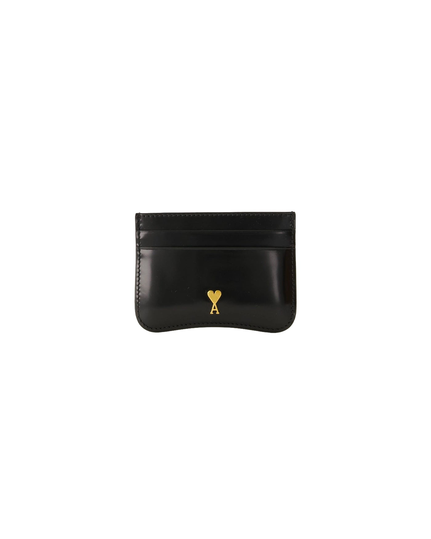 Porte-carte AMI Paris cuir glacé noir logo doré, vue de face