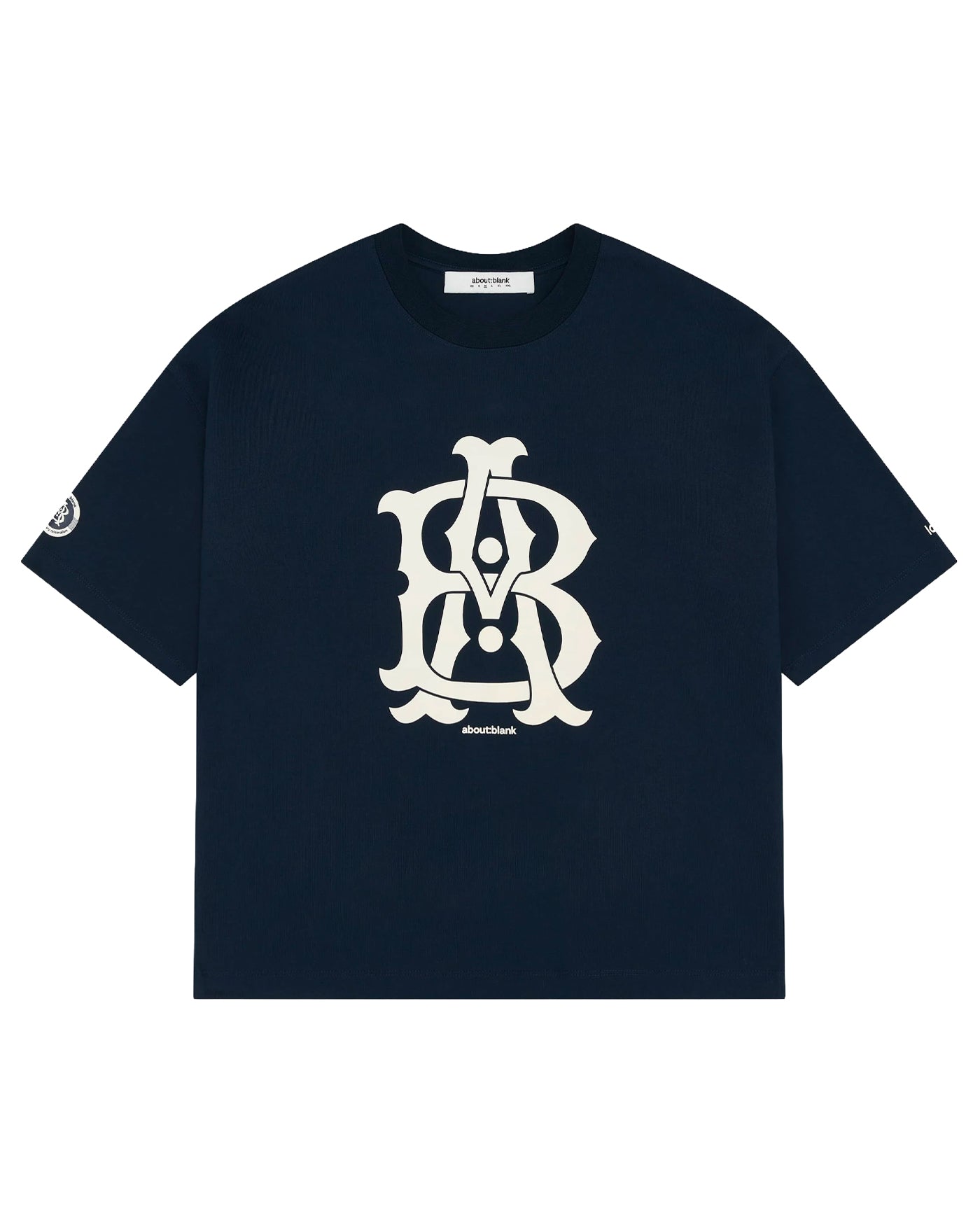 T-shirt About:Blank Varsity bleu marine monogramme écru face