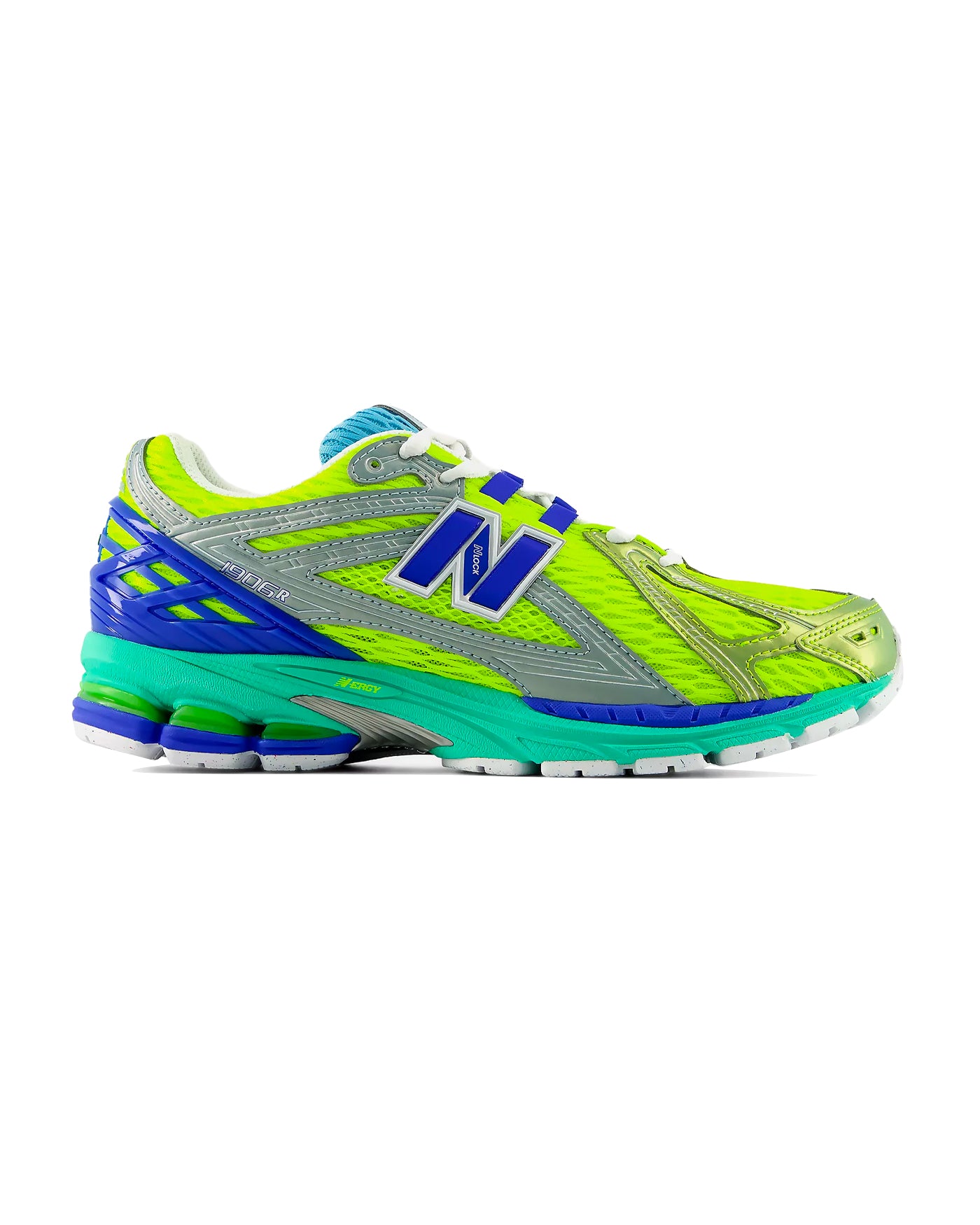 Sneakers New Balance 1906R vert fluo et bleu électrique profil droit