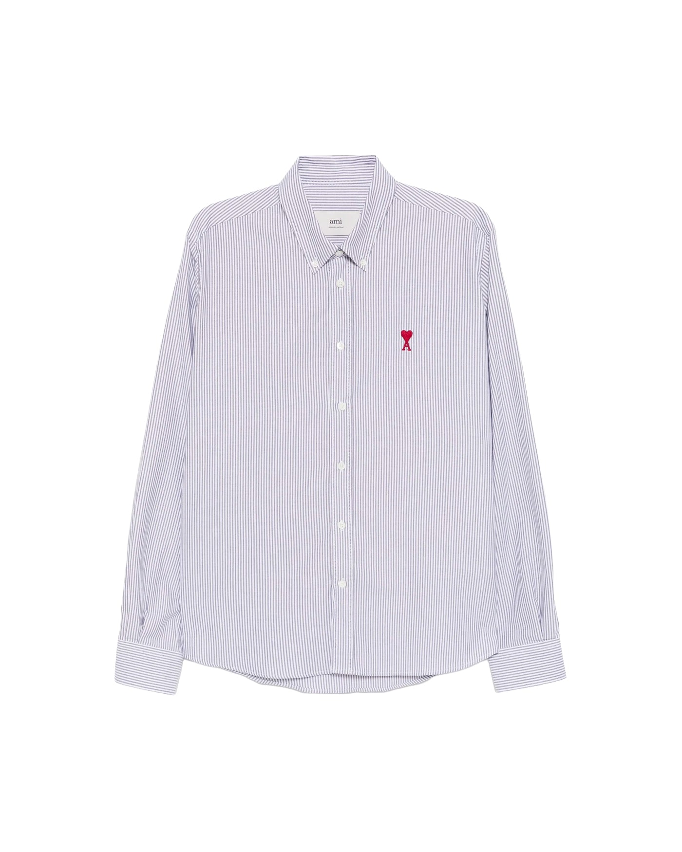 Chemise AMI Paris à rayures blanc et bleu marine logo cœur rouge face