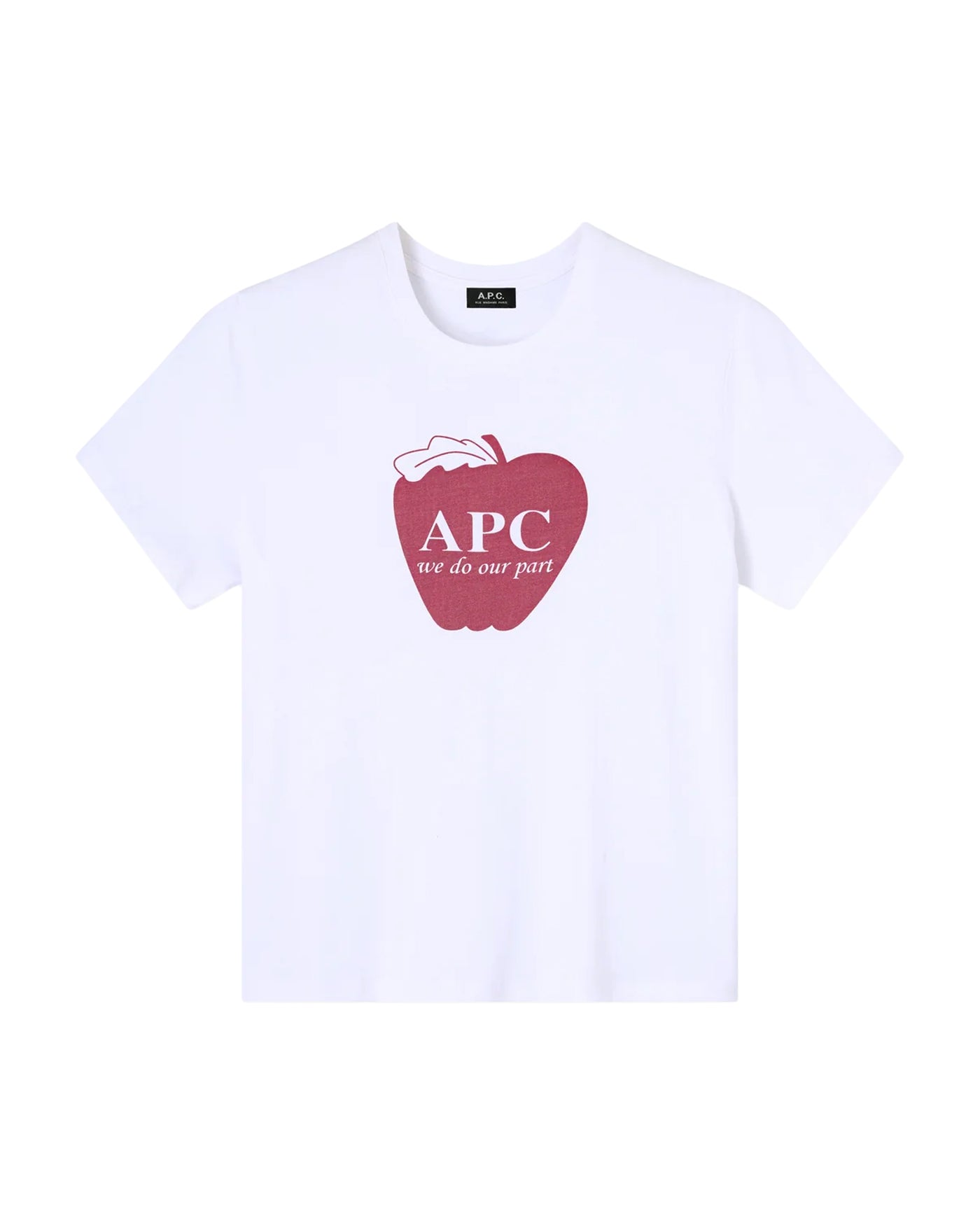 T-shirt A.P.C blanc imprimé pomme rouge avec logo face à plat