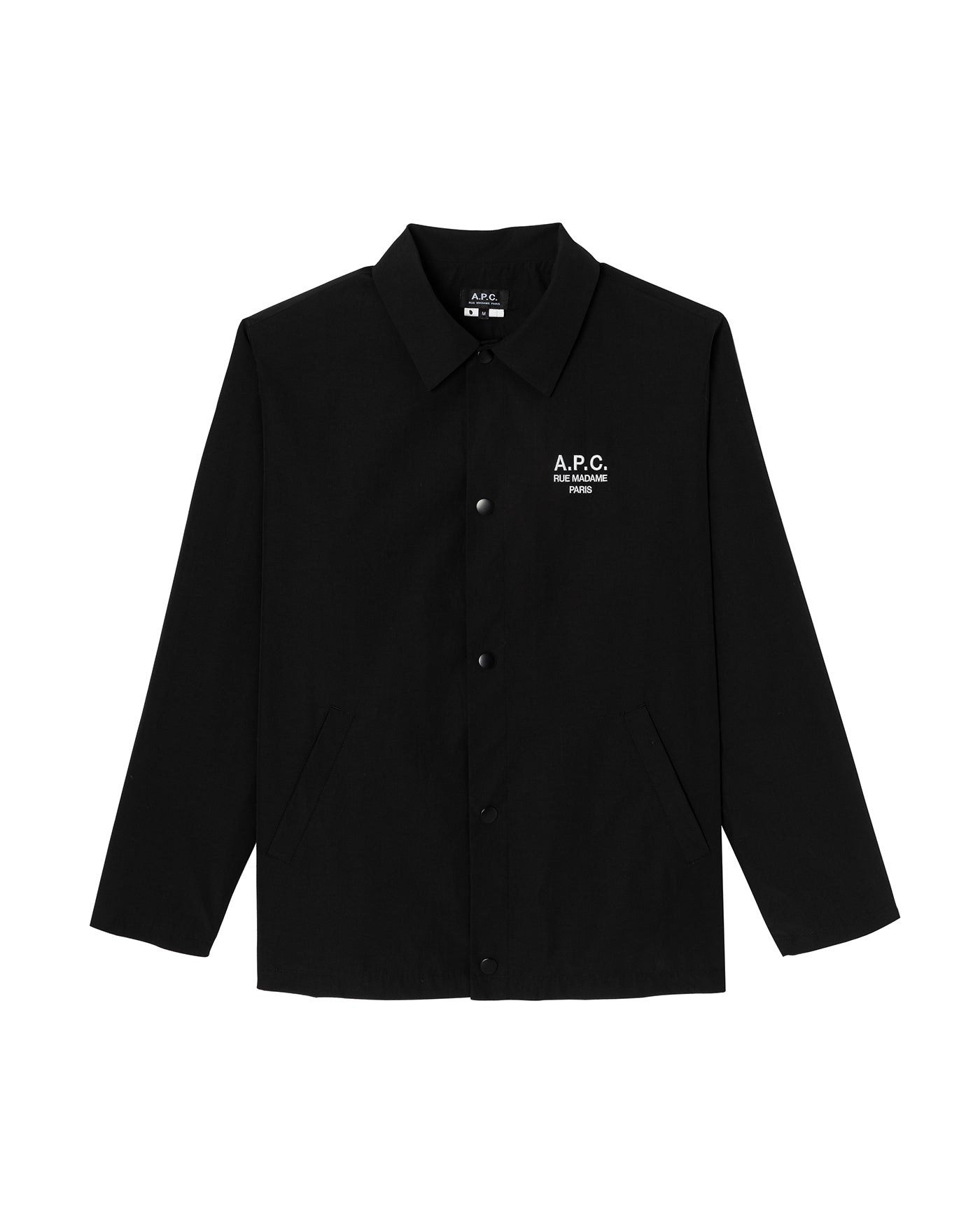 Veste coach A.P.C noire à boutons pression logo brodé Rue Madame face