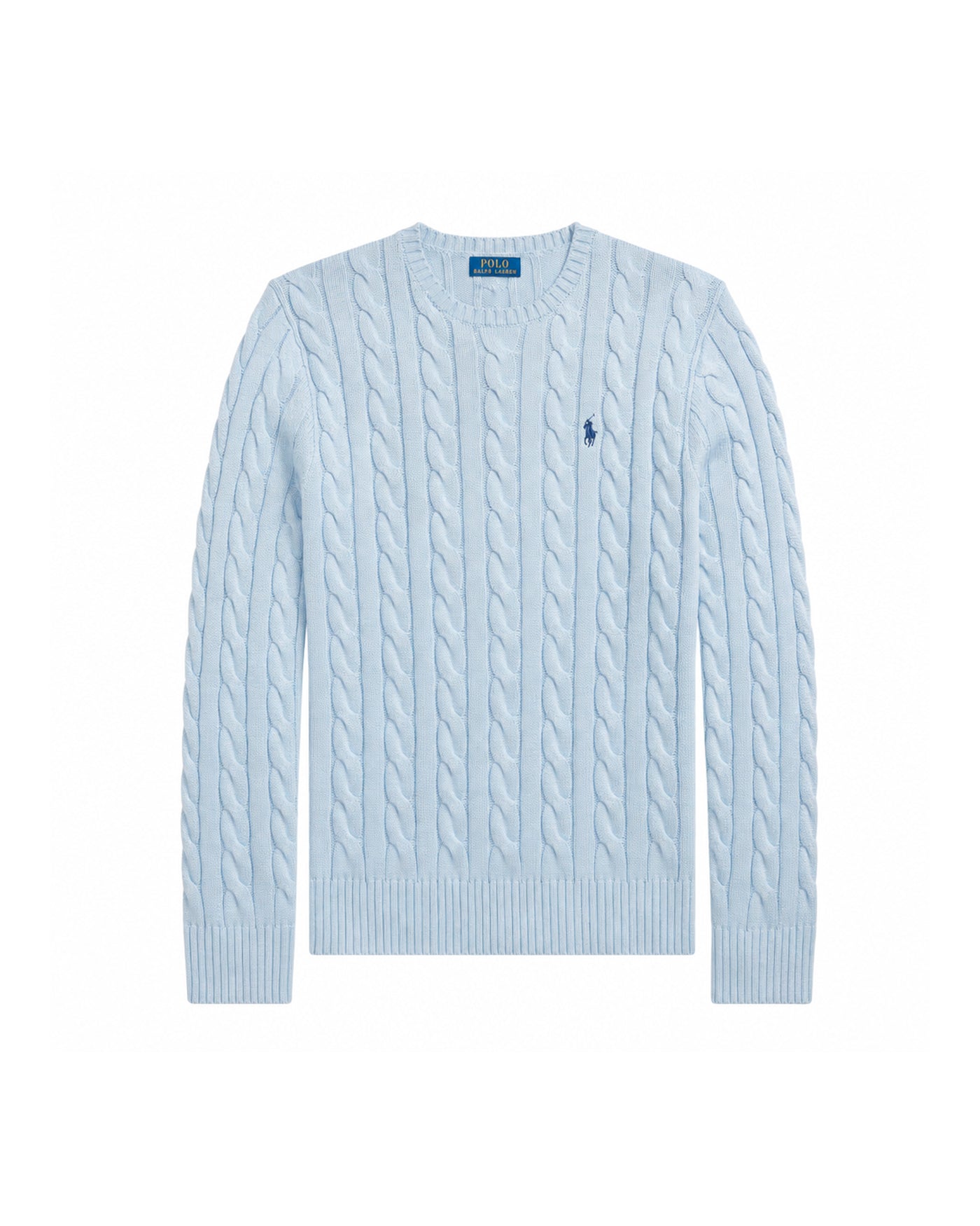 Pull torsadé coton Ralph Lauren bleu ciel col rond porté face