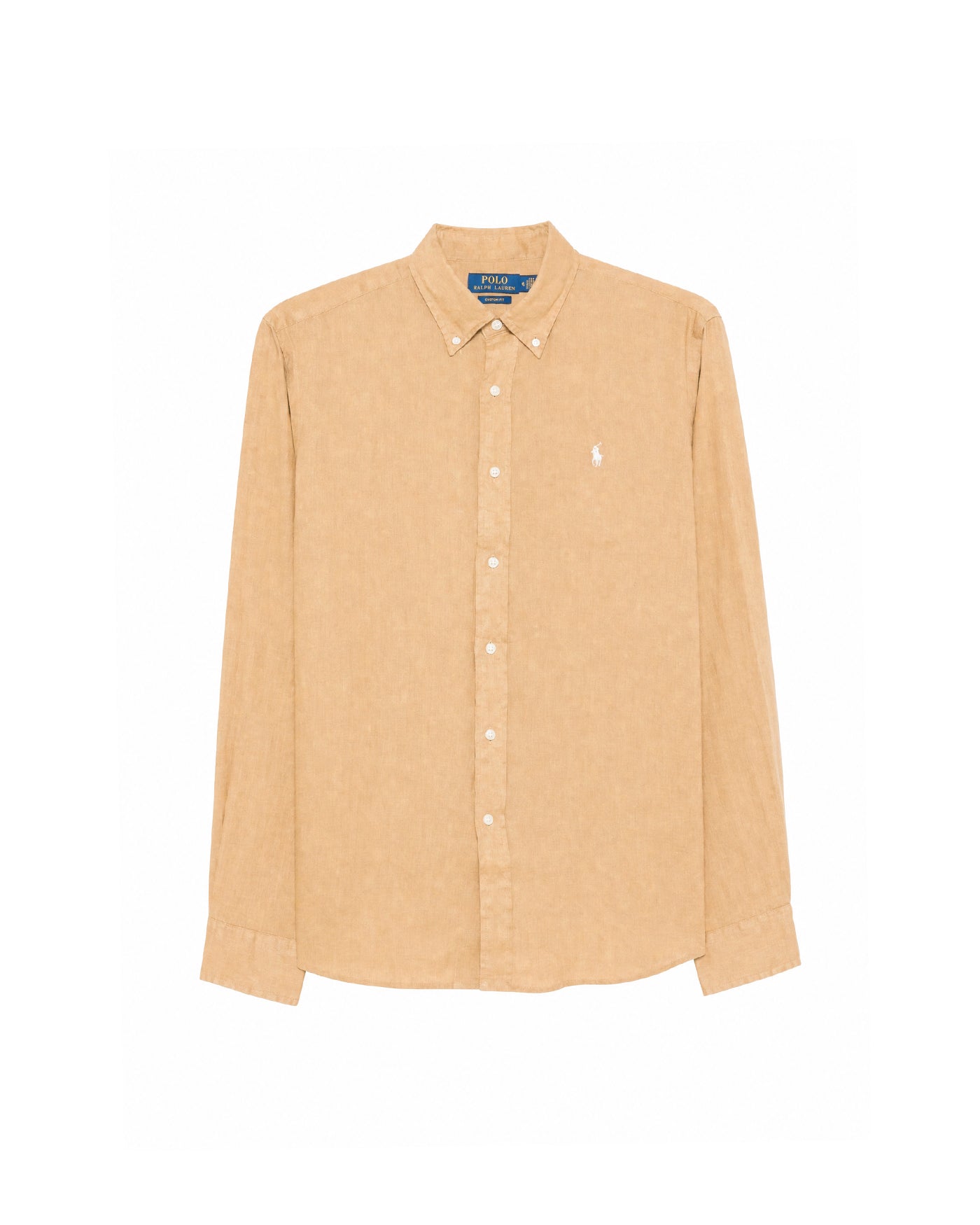 Chemise Ralph Lauren lin beige camel logo poney brodé manches longues face