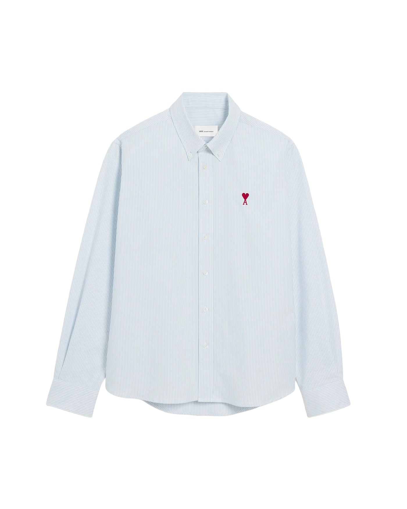 Chemise AMI Paris à rayures bleu ciel et blanc logo cœur rouge face