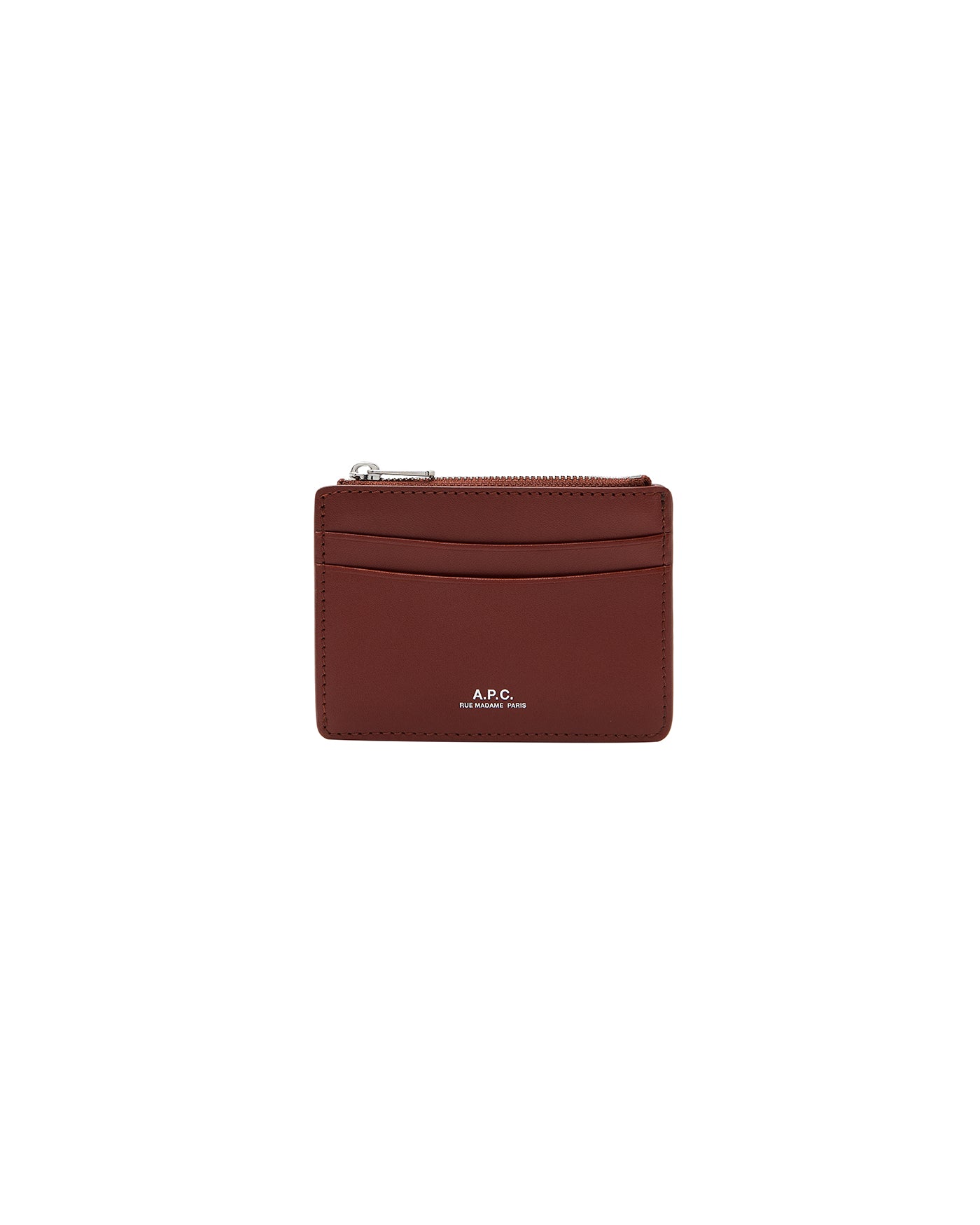Porte-cartes zip Paris A.P.C couleur noisette cuir face logo blanc