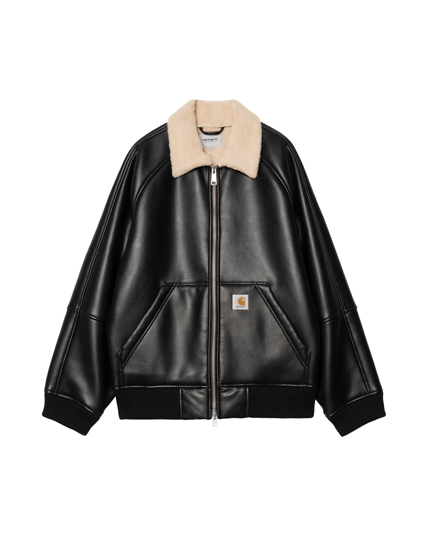 Veste Carhartt WIP Shepton simili-cuir noire col sherpa écru face