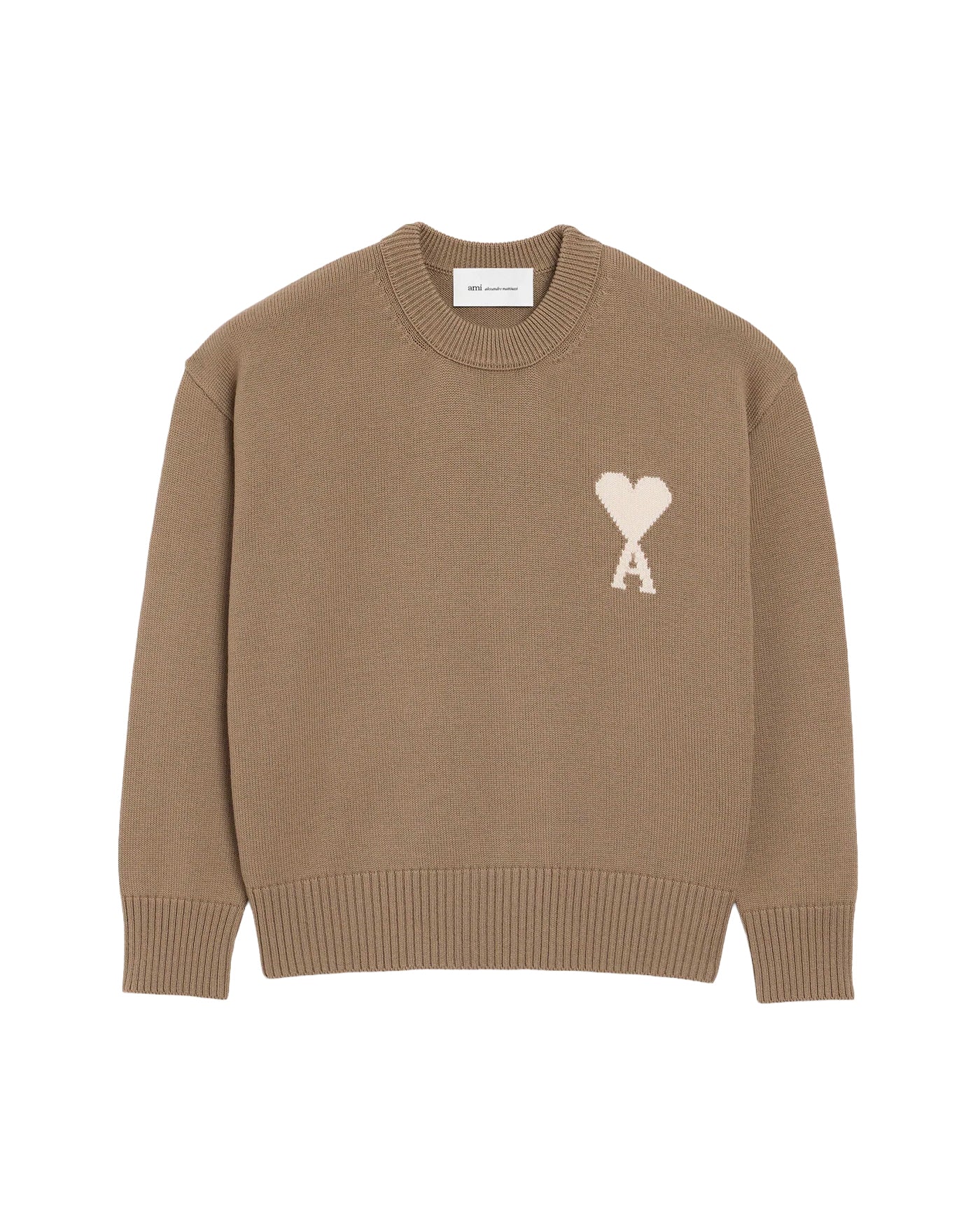 Pull col rond Ami Paris taupe avec logo Ami de Cœur crème face