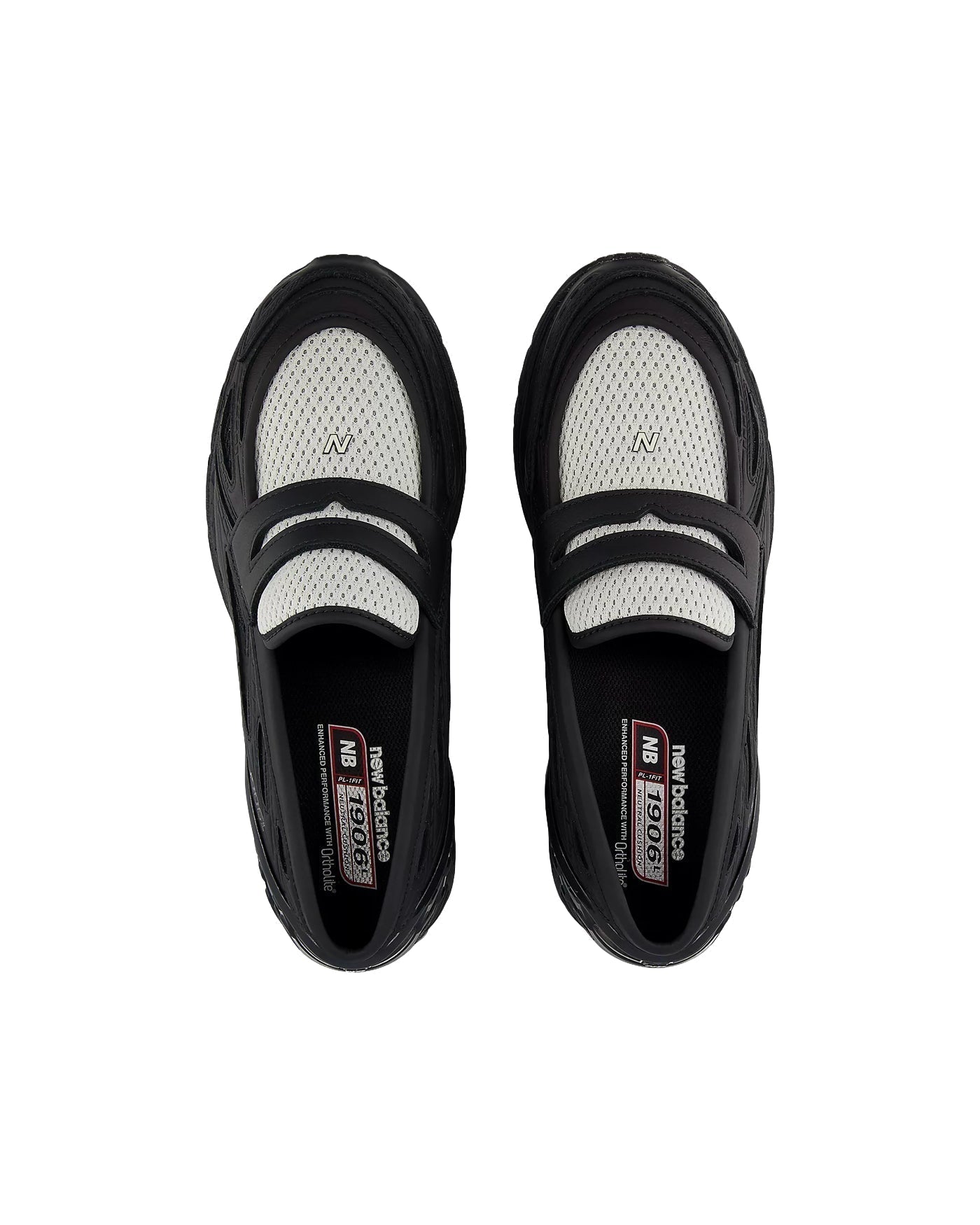 Sneakers New Balance 1906L noires et grises style mocassin vues de dessus