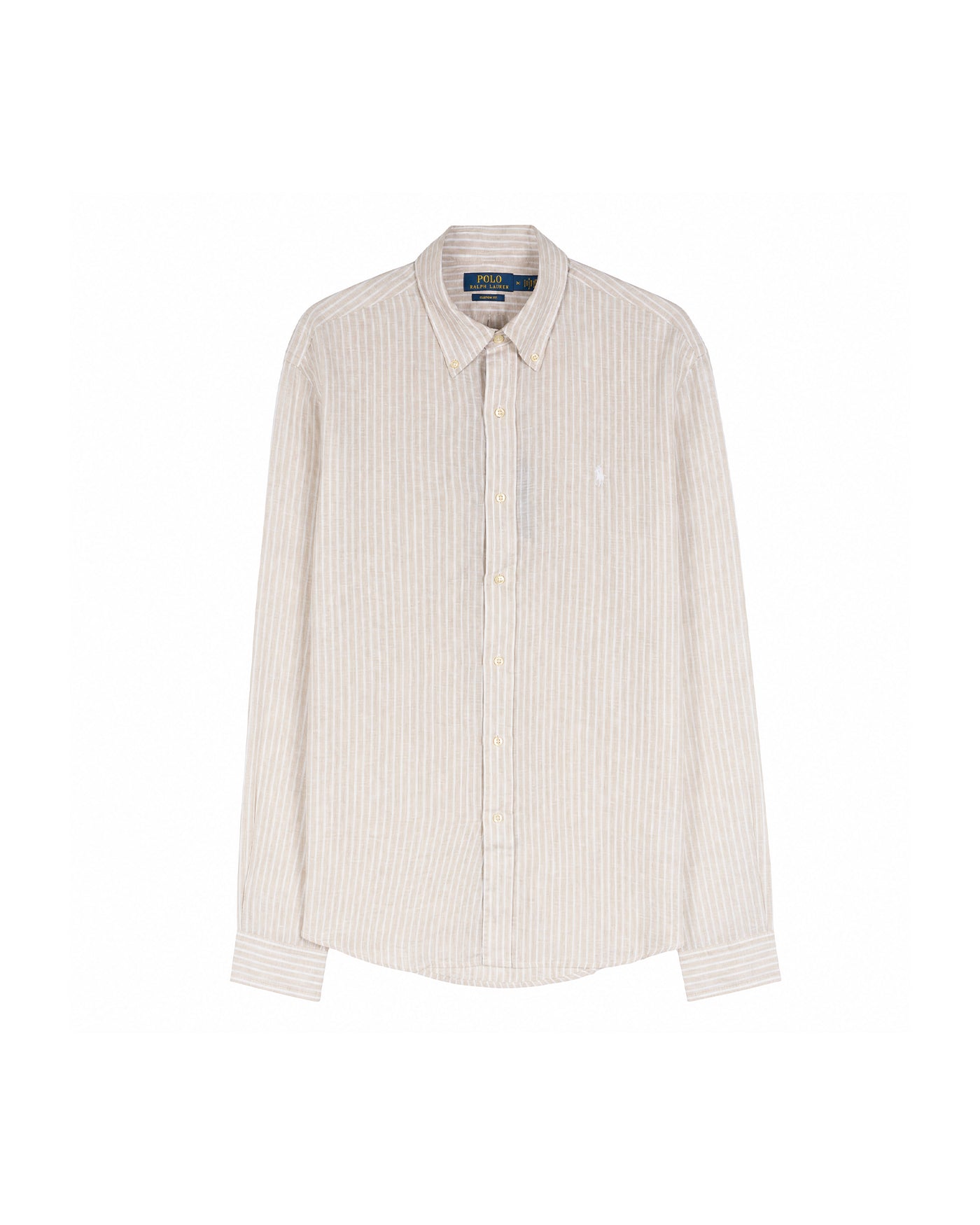 Chemise Ralph Lauren lin rayée beige et blanc flat lay vue face