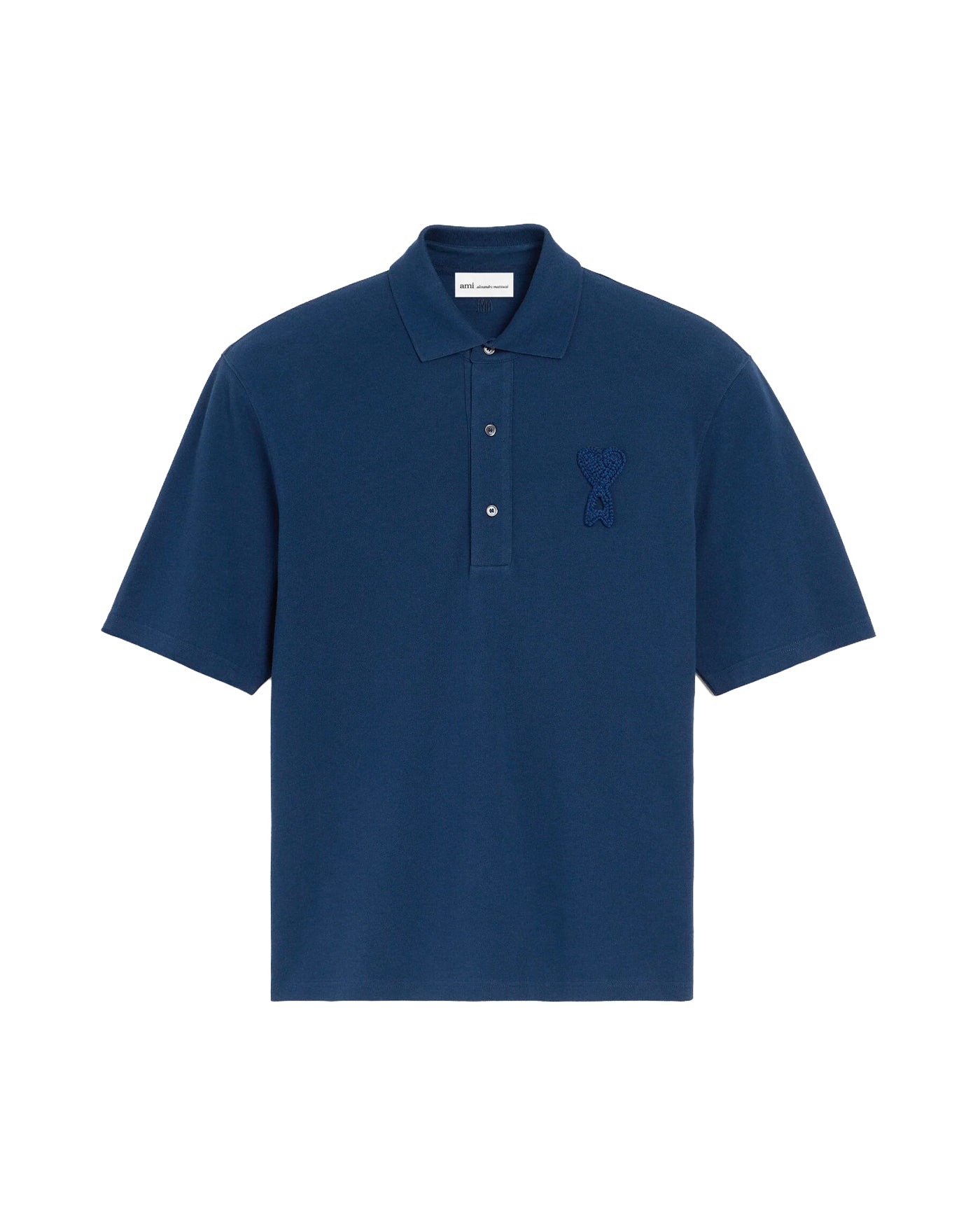 Polo boxy AMI Paris bleu encre logo Ami de Coeur brodé, vue de face