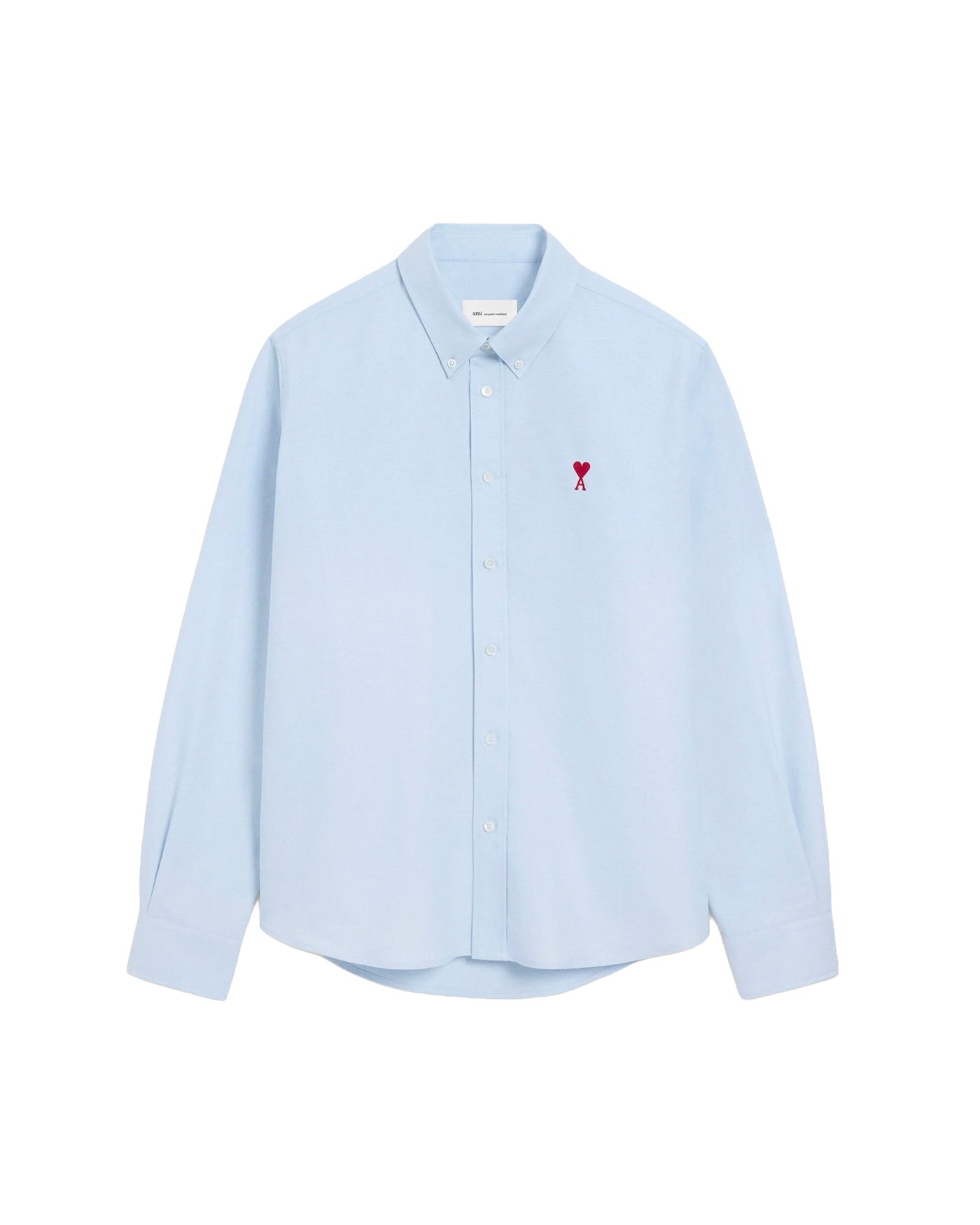 Chemise AMI Paris bleu ciel unie logo cœur rouge col boutonné vue face