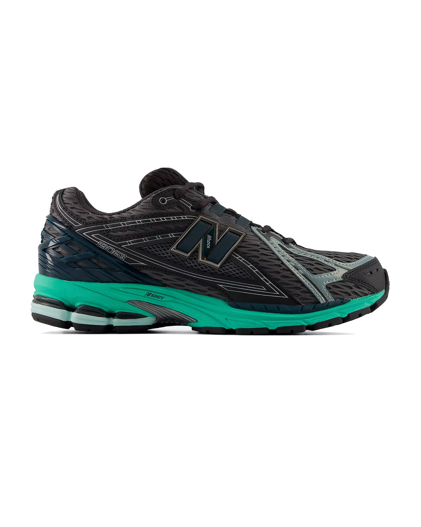 Sneakers New Balance 1906R noires avec semelle vert émeraude profil droit