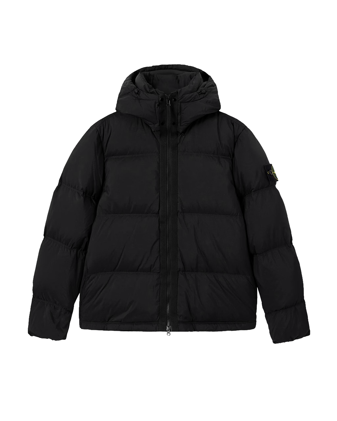 Doudoune matelassée Stone Island noire à capuche badge patch face