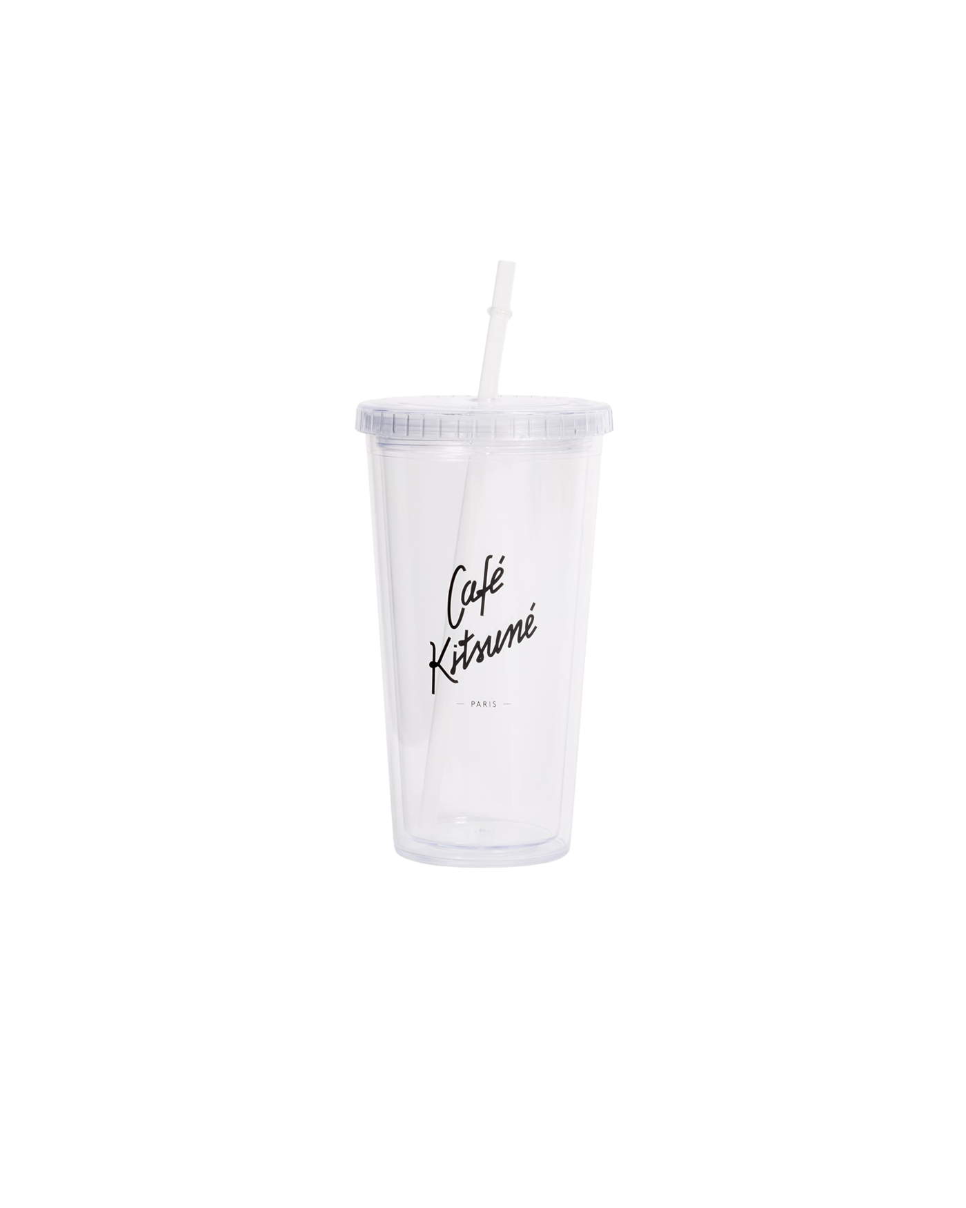 Tumbler Café Kitsuné transparent avec couvercle et paille, vue face