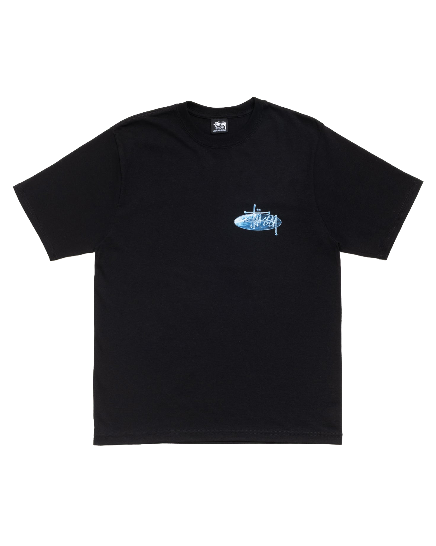 T-shirt Stüssy Wave Oval noir avec impression ovale bleue face